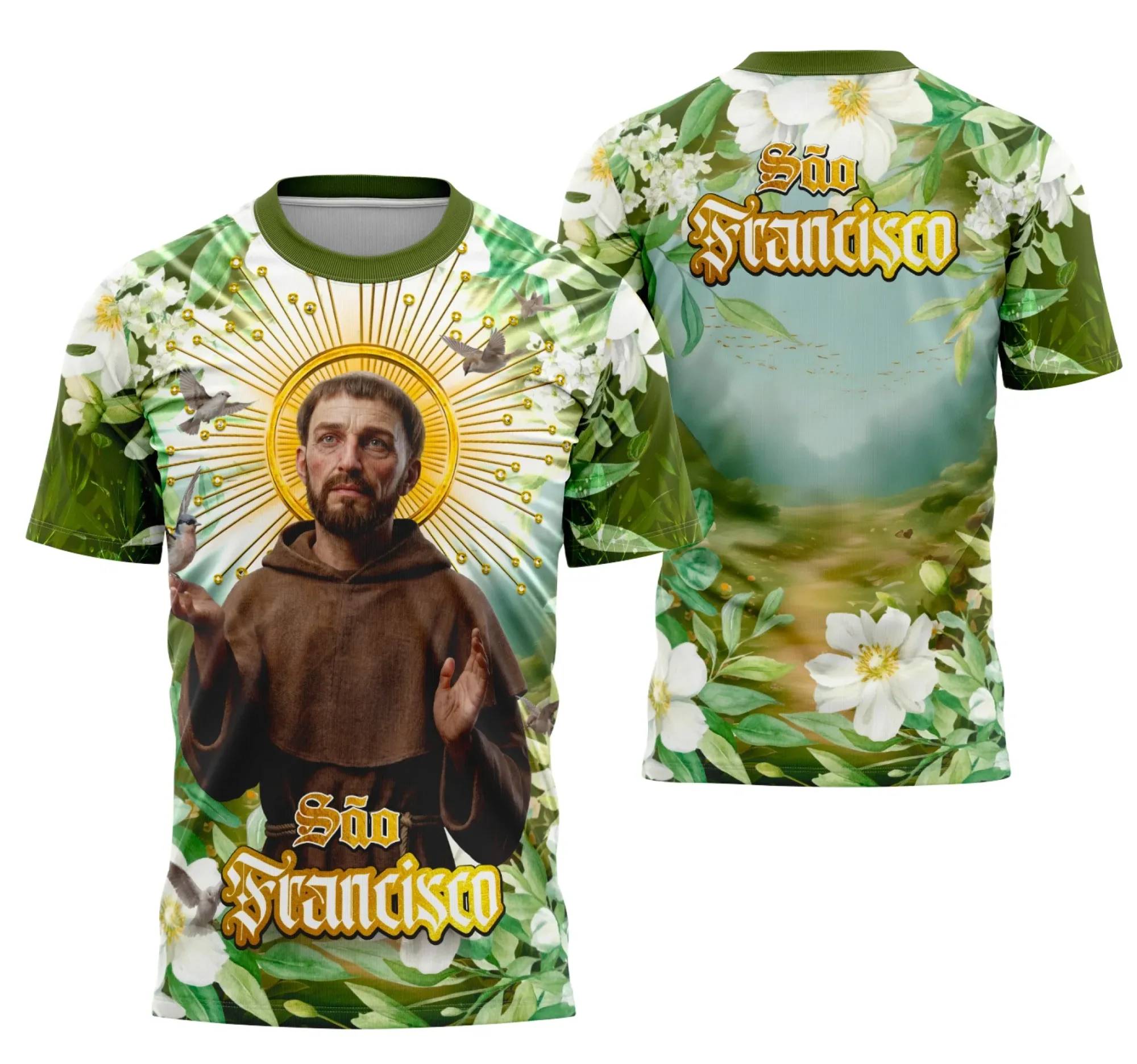 Camiseta unissex branca com logo no peito e estampa grande nas costas com o tema São Francisco de Assis para devotos católicos, ideal para momentos de fé e devoção.