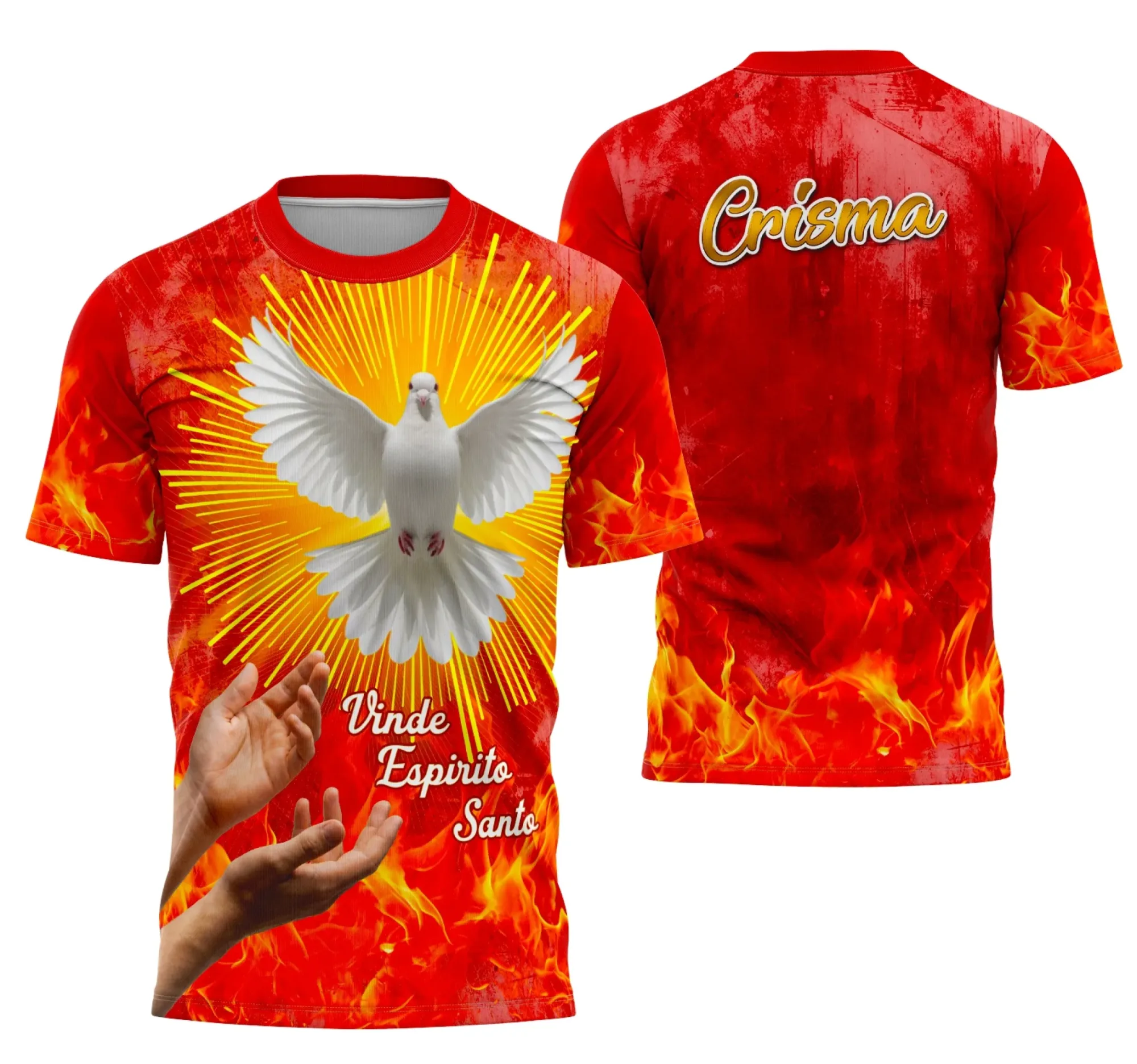 Camiseta unissex branca com logo no peito e estampa grande nas costas sobre o tema Crisma Vermelha 2026, com design moderno e impactante, perfeita para eventos de celebração e relevo espiritual.