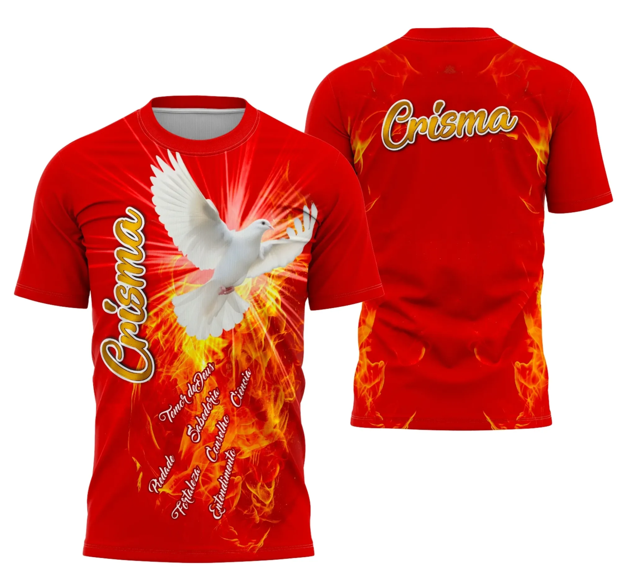 Camiseta unissex preta com logo no peito e estampa grande nas costas celebrando Crisma 2026 em vermelho vibrante, perfeita para eventos e grupos de jovens.