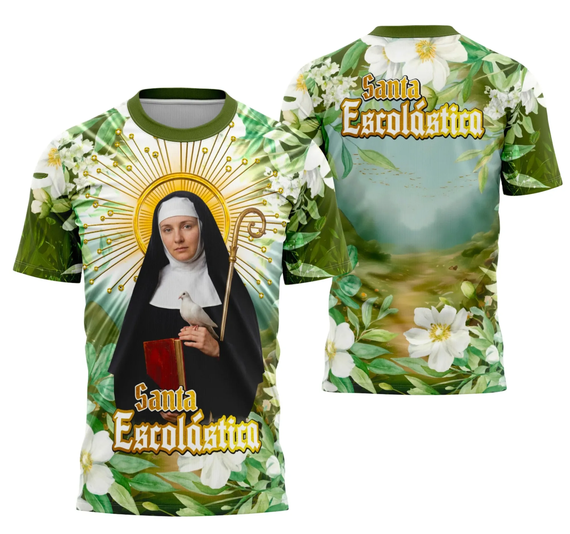 Camiseta unissex preta com logo no peito e estampa grande nas costas, destacando a devoção à Santa Escolástica, ideal para quem busca fé e estilo no dia a dia.