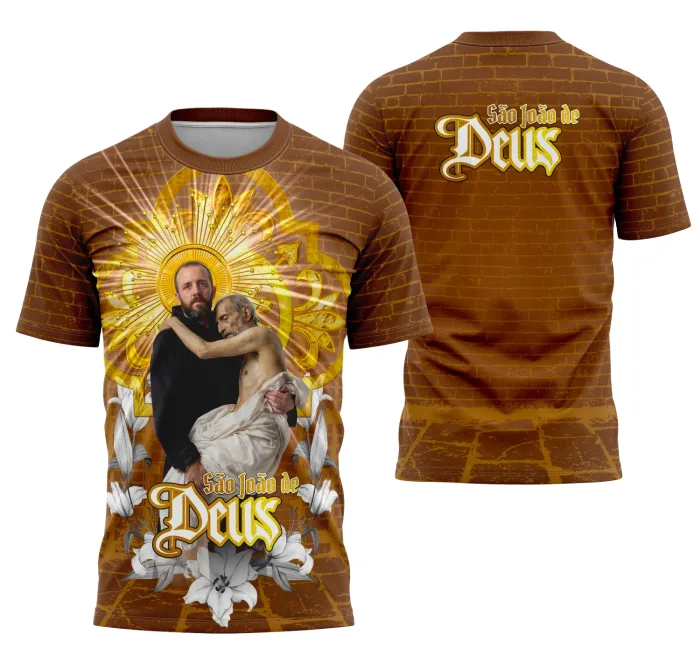 Camiseta unissex preta com logo no peito e estampa grande nas costas sobre São João de Deus, trazendo um visual devocional marcante e moderno.