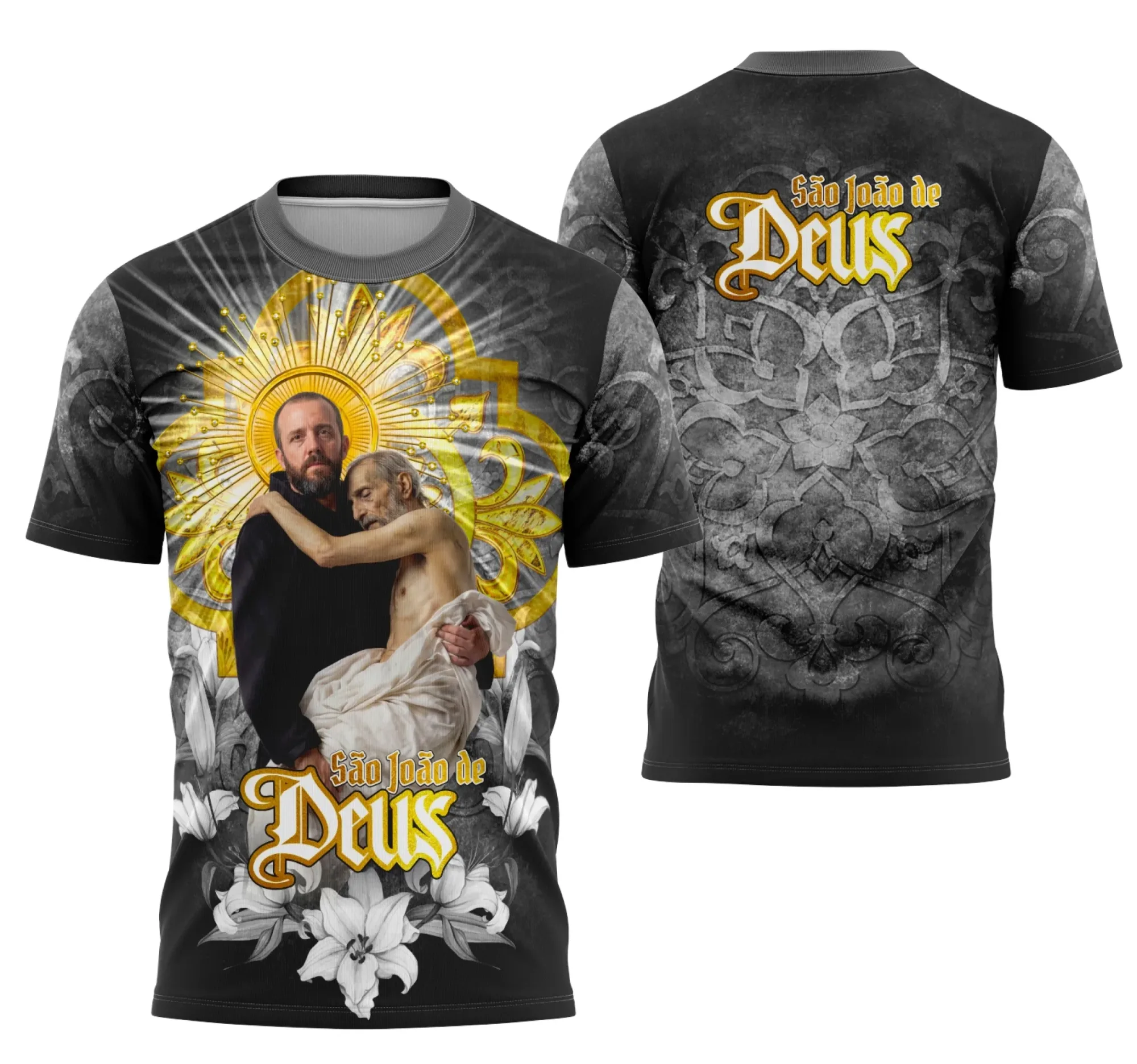 Camisa unissex preta com logo no peito e estampa grande nas costas, temática São João de Deus devocional, ideal para quem busca fé e proteção em camisetas estilosas.
