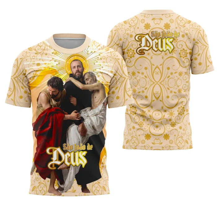 Camiseta unissex branca com logo no peito e estampa grande nas costas, tema São João de Deus Tradicional, perfeita para ocasiões especiais e encontros culturais.