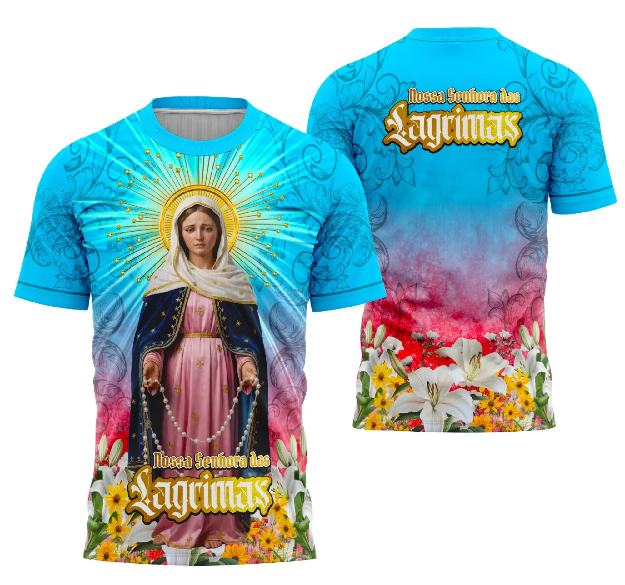 Camiseta unissex preta com logo no peito e estampa grande nas costas da Nossa Senhora das Lágrimas, símbolo de fé e devoção em religião, ideal para uso diário ou ocasiões especiais.