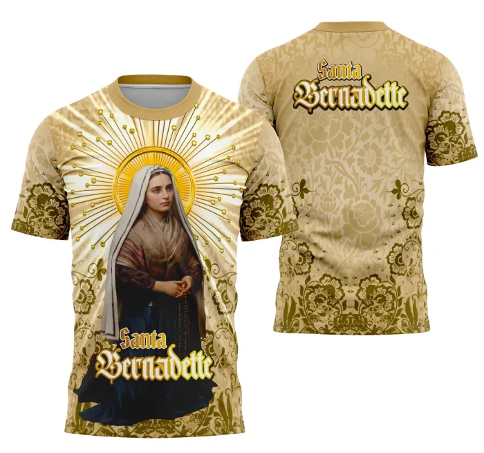 Foto de camiseta unissex branca com logo no peito de Santa Bernadette e estampa grande nas costas com tema religioso, perfeita para quem busca fé e estilo em uma peça única.