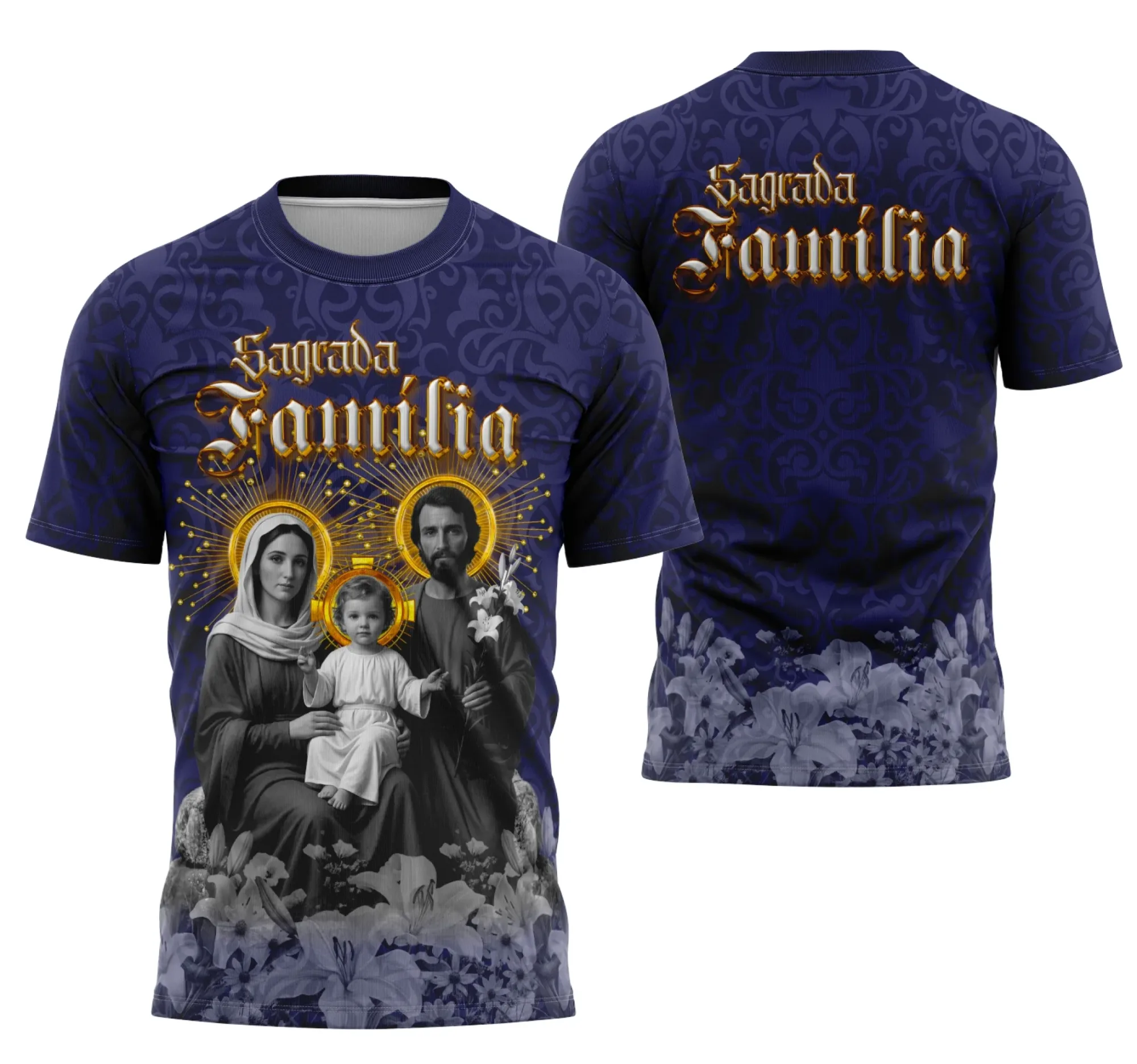 Camiseta unissex branca com logo no peito e estampa grande nas costas com tema da Sagrada Família, ideal para quem busca devoção e estilo em uma peça única e confortável.
