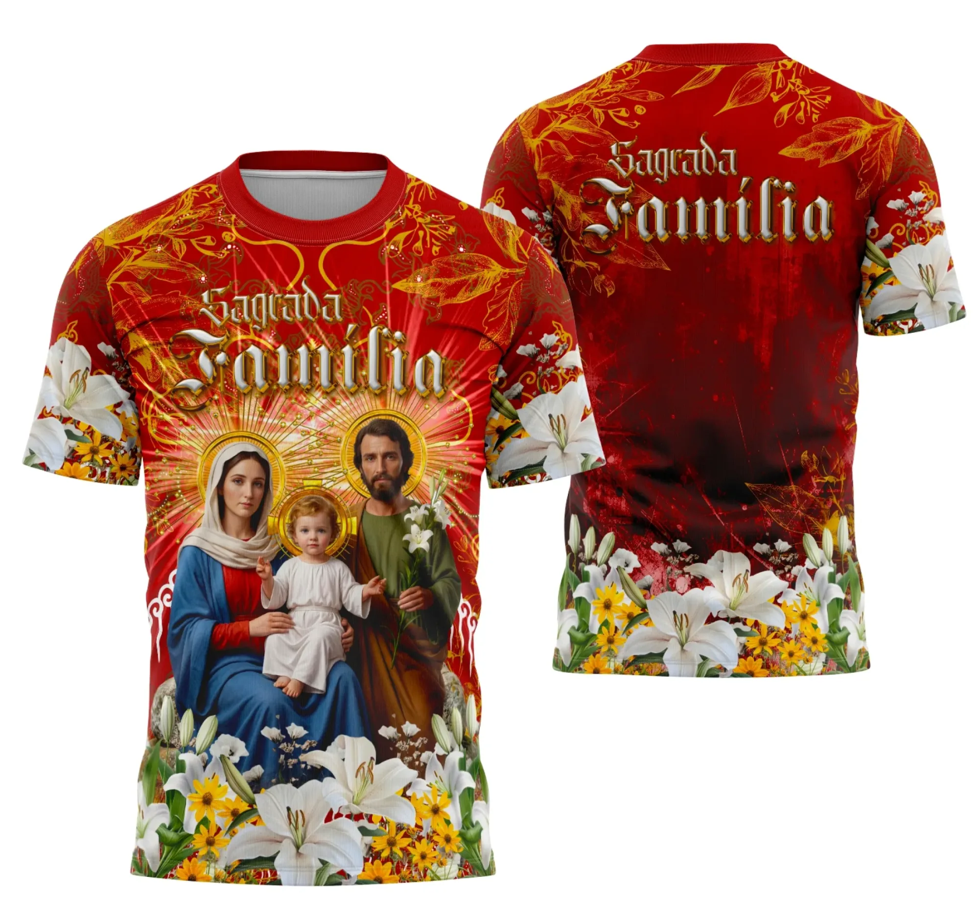 Camiseta unissex branca com logo no peito e estampa grande nas costas mostrando a Sagrada Família de forma inspiradora, perfeita para quem busca um visual religioso e confortável.
