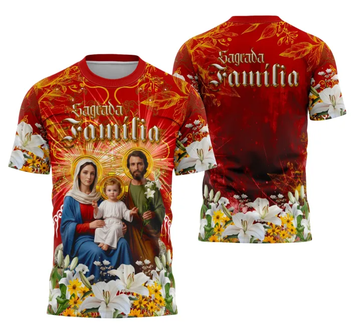 Camiseta unissex branca com logo no peito e estampa grande nas costas mostrando a Sagrada Família de forma inspiradora, perfeita para quem busca um visual religioso e confortável.