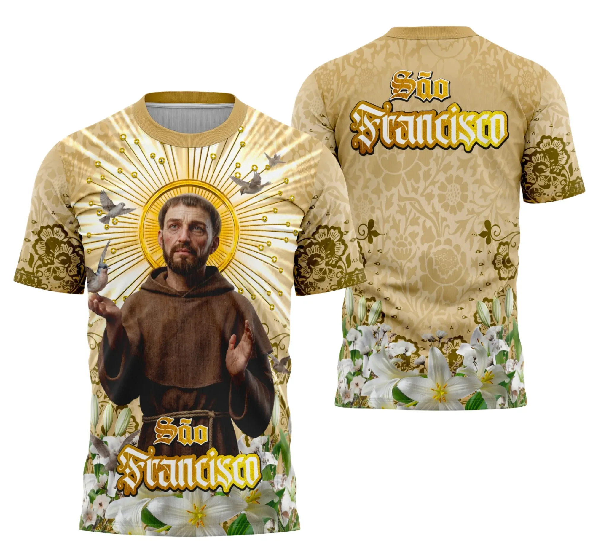 Camiseta unissex branca com logo no peito e estampa grande nas costas com a imagem de São Francisco de Assis, ideal para quem busca uma peça devocional elegante e confortável.