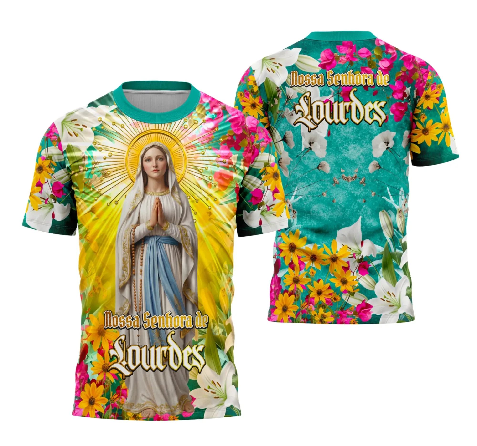 Camiseta unissex branca com logo no peito e estampa grande nas costas da Nossa Senhora de Lourdes, ideal para quem busca estilo e fé em uma peça única e confortável.