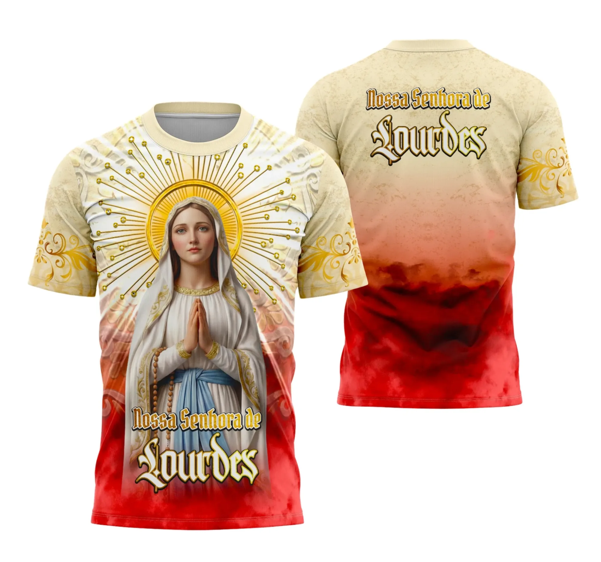 Camiseta unissex preta com logo no peito e estampa grande nas costas mostrando Nossa Senhora de Lourdes, perfeita para quem valoriza a fé e tradição religiosa.