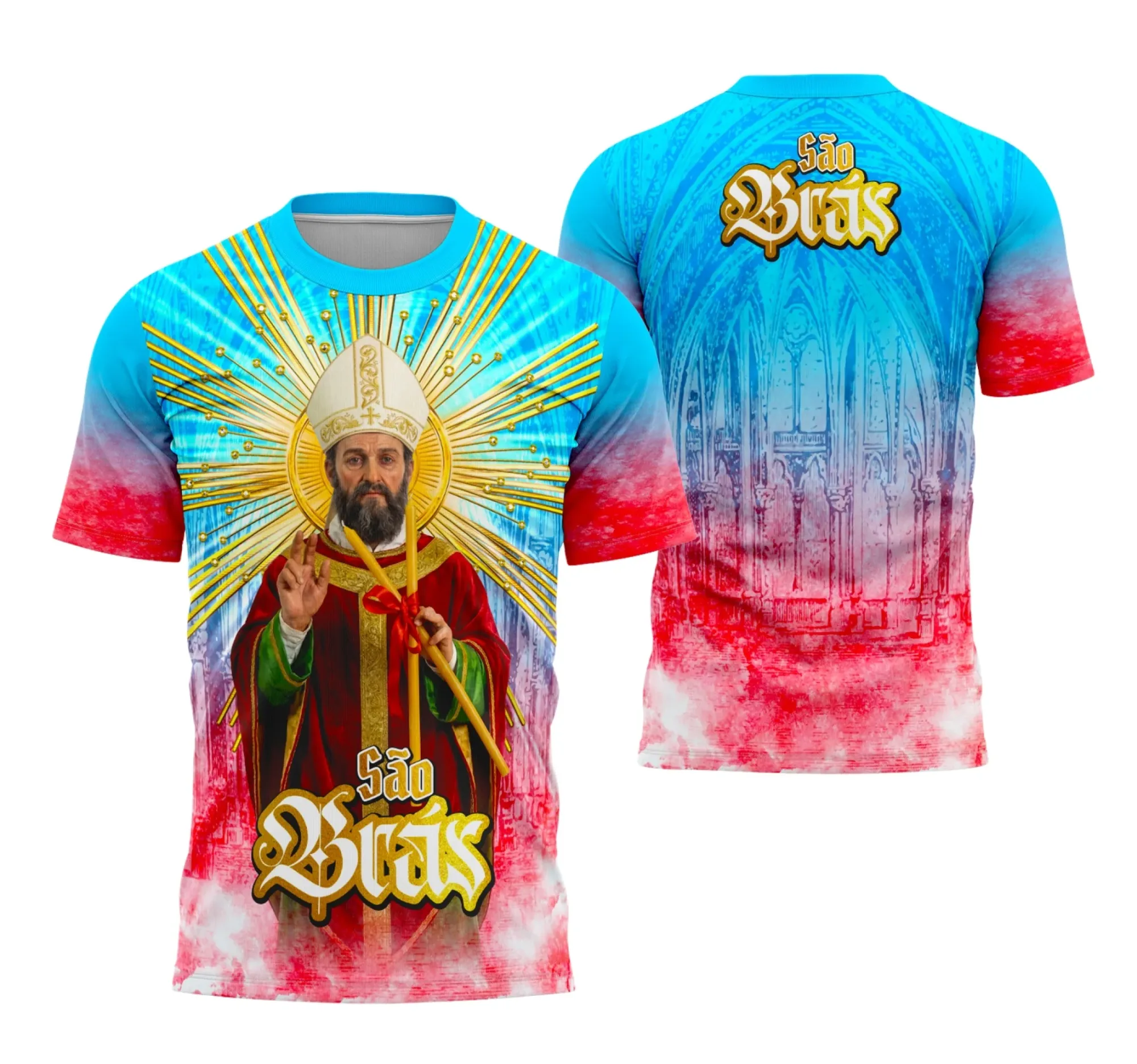 Camiseta unissex preta com logo no peito e estampa grande nas costas com tema São Brás e design religioso, estilo moderno e confortável para o dia a dia.