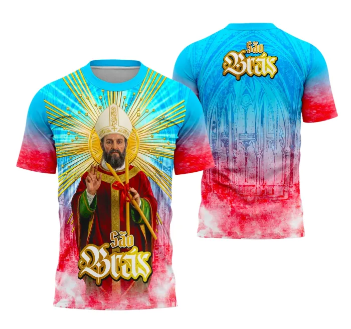 Camiseta unissex preta com logo no peito e estampa grande nas costas com tema São Brás e design religioso, estilo moderno e confortável para o dia a dia.