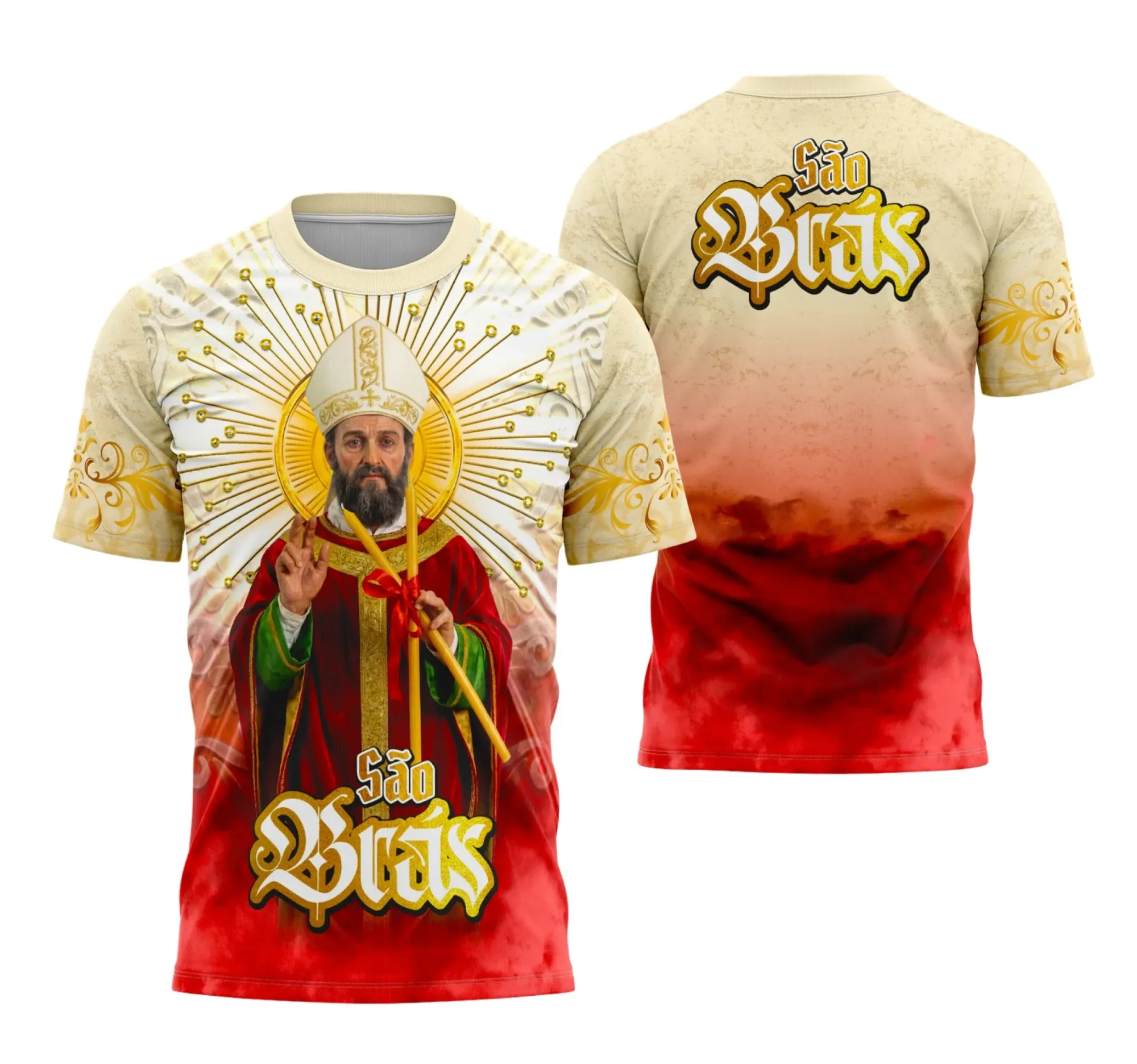 Camiseta unissex preta com logo no peito e estampa grande nas costas inspirada em São Brás estilo religioso, perfeita para quem busca estilo e fé em uma peça confortável.