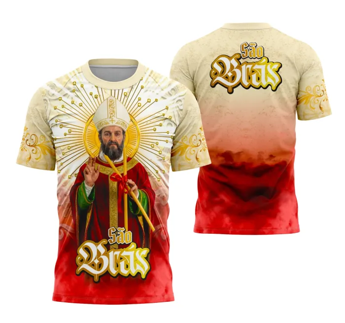 Camiseta unissex preta com logo no peito e estampa grande nas costas inspirada em São Brás estilo religioso, perfeita para quem busca estilo e fé em uma peça confortável.