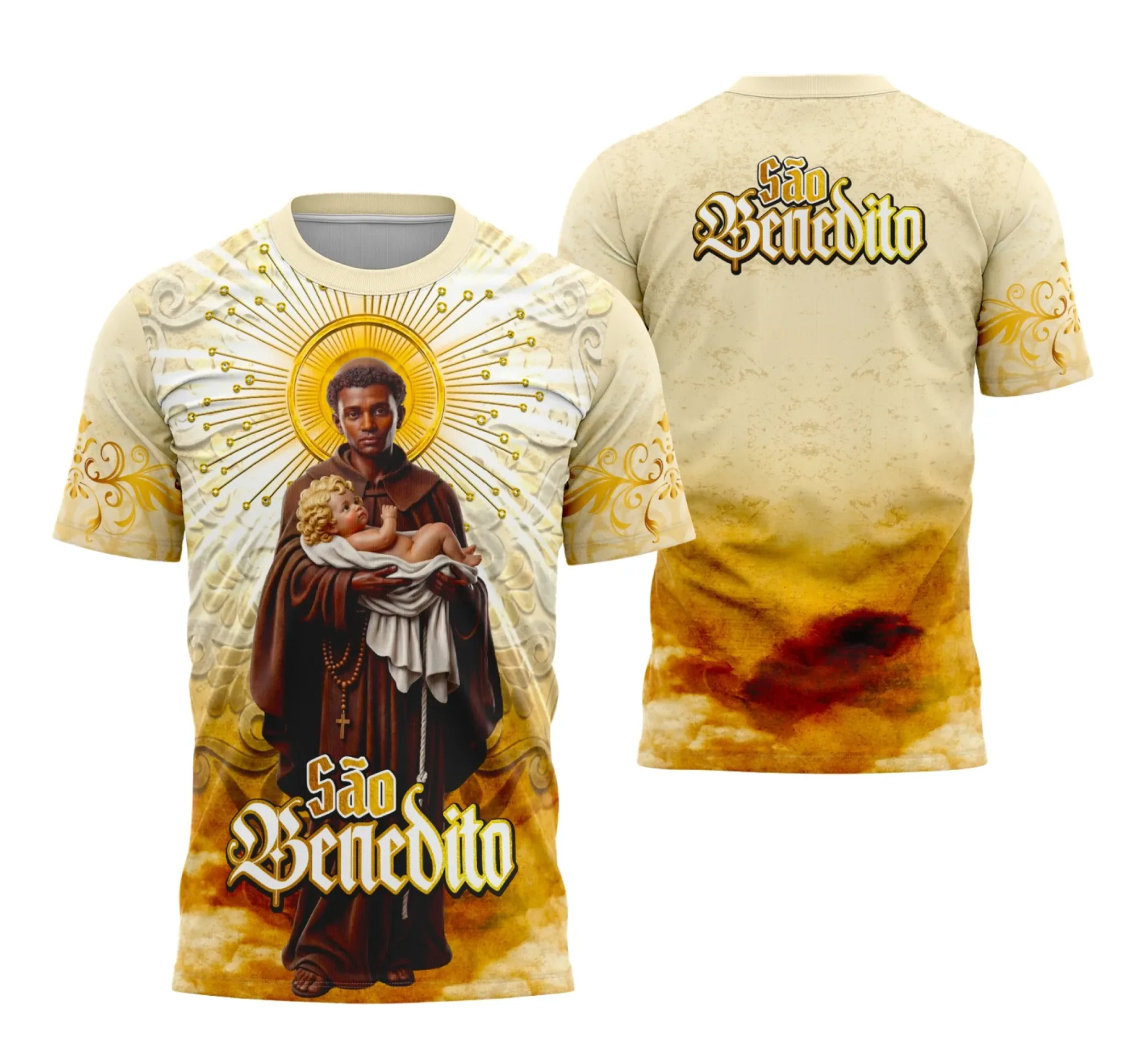 Camiseta unissex preta com logo no peito e estampa grande nas costas do tema São Benedito Tradicional, destacando estilo clássico e devocional.