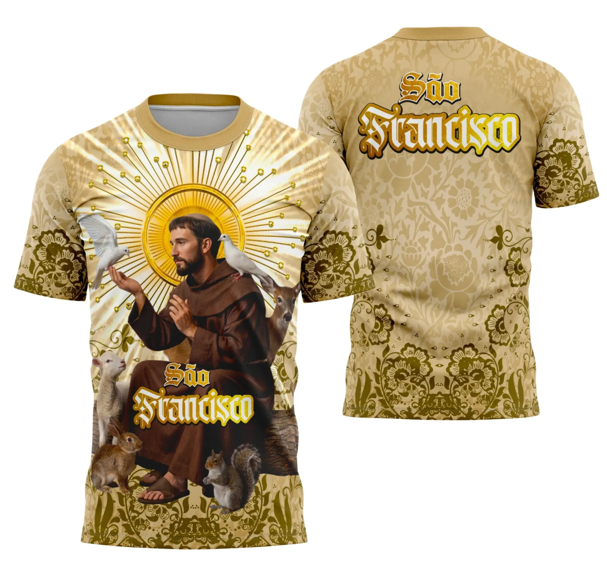 Camiseta unissex branca com logo no peito e estampa grande nas costas com tema São Francisco de Assis para devotos, ideal para momentos de fé e devoção.