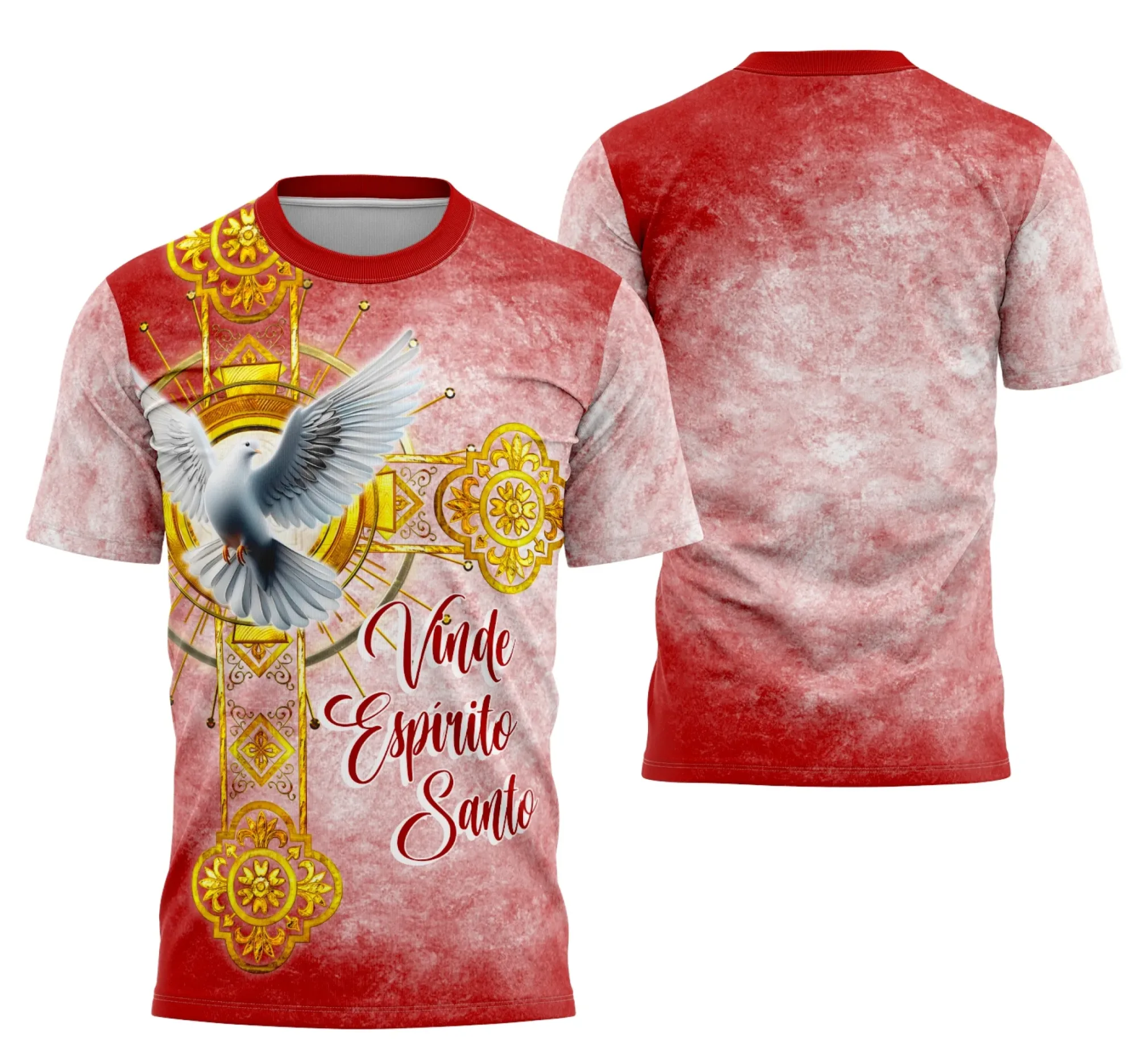 Camiseta unissex branca com logo no peito e estampa grande nas costas mostrando design exclusivo para Crisma 2026, ideal para eventos e celebrações religiosas.