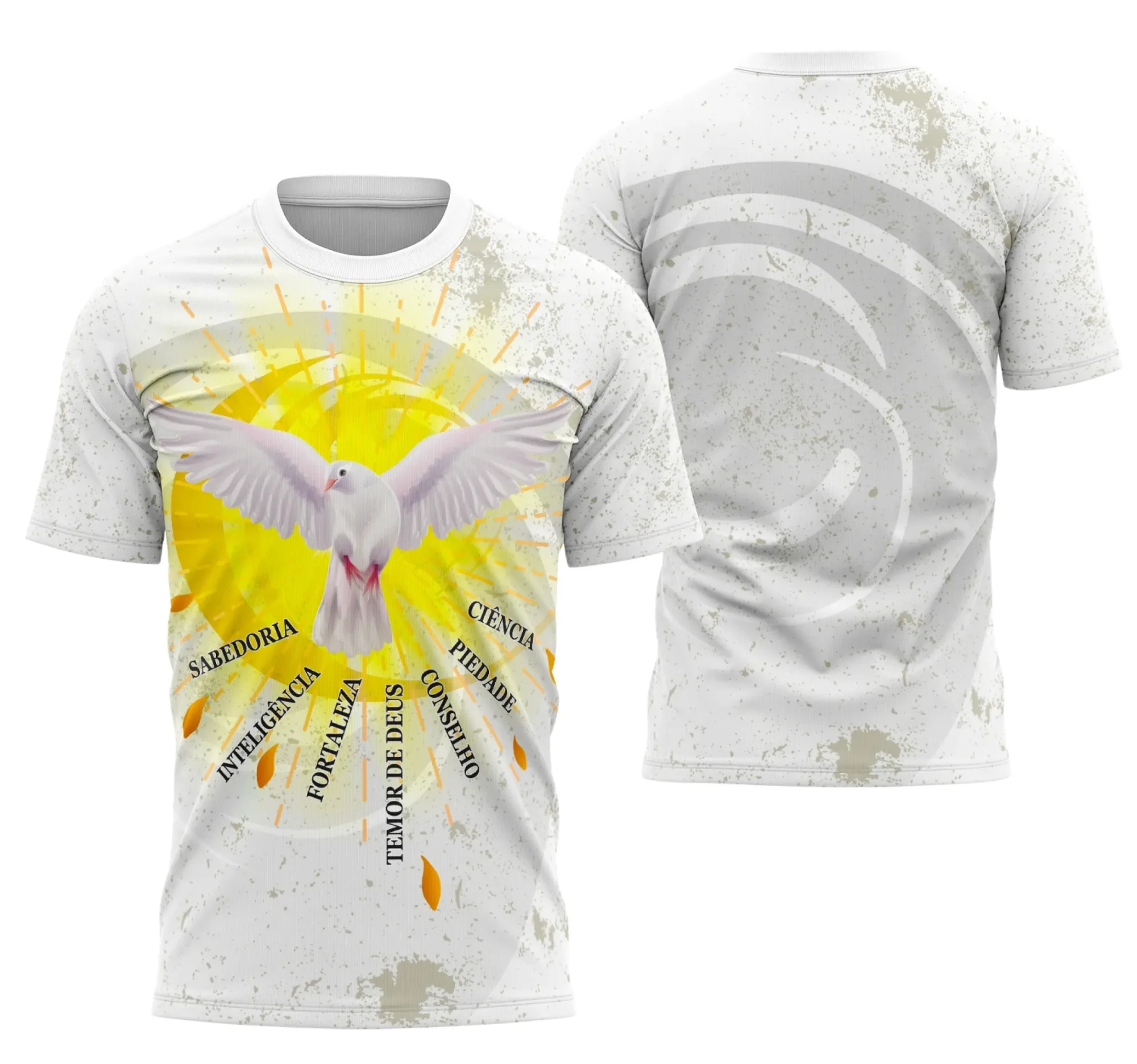 Camiseta unissex preta com logo no peito e estampa grande nas costas com tema Espírito da Crisma, ideal para ocasiões religiosas e celebrações especiais.