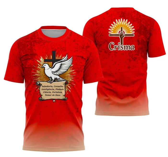 Camiseta unissex preta com logo no peito e estampa grande nas costas tema Cristã para Crisma Moderna, visual moderno e impactante para jovens celebrarem a crisma com estilo.
