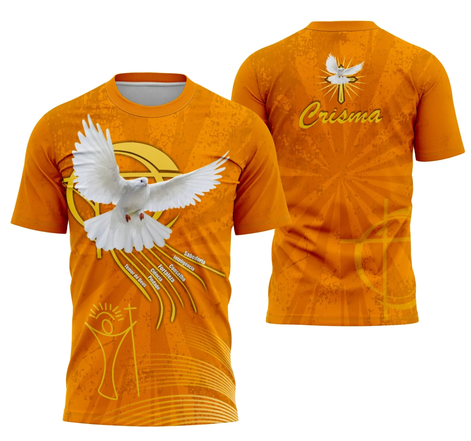 Camiseta unissex branca com logo no peito e estampa grande nas costas com tema Crisma, ideal para eventos religiosos e celebrações especiais, design moderno e elegante.