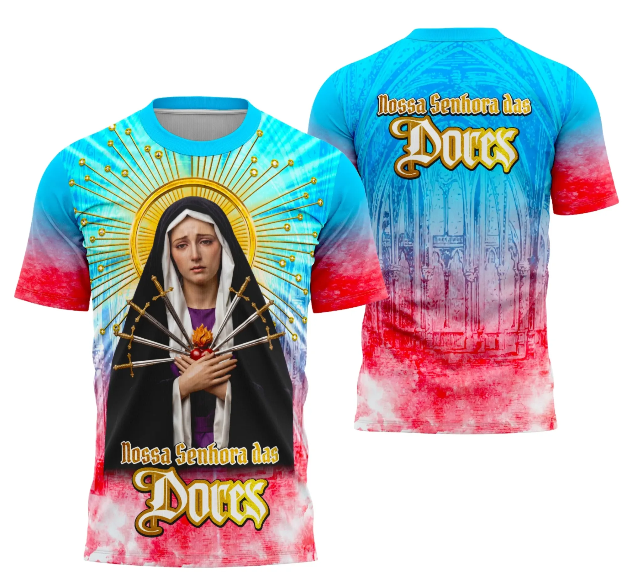Camiseta unissex preta com logo no peito e estampa grande nas costas com o tema Senhora das Dores estilo religioso, perfeita para usos diversos e visual impactante.