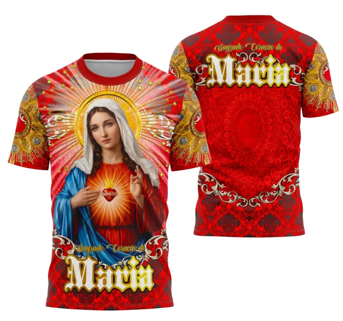 Arte Camisa Sagrado Coração de Maria Religiosa Unissex