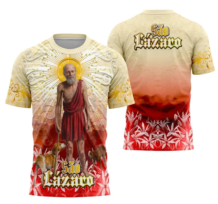 Camiseta unissex preta com logo no peito e estampa grande nas costas demonstrando São Lázaro tradicional, ideal para um estilo clássico e cheio de significado.