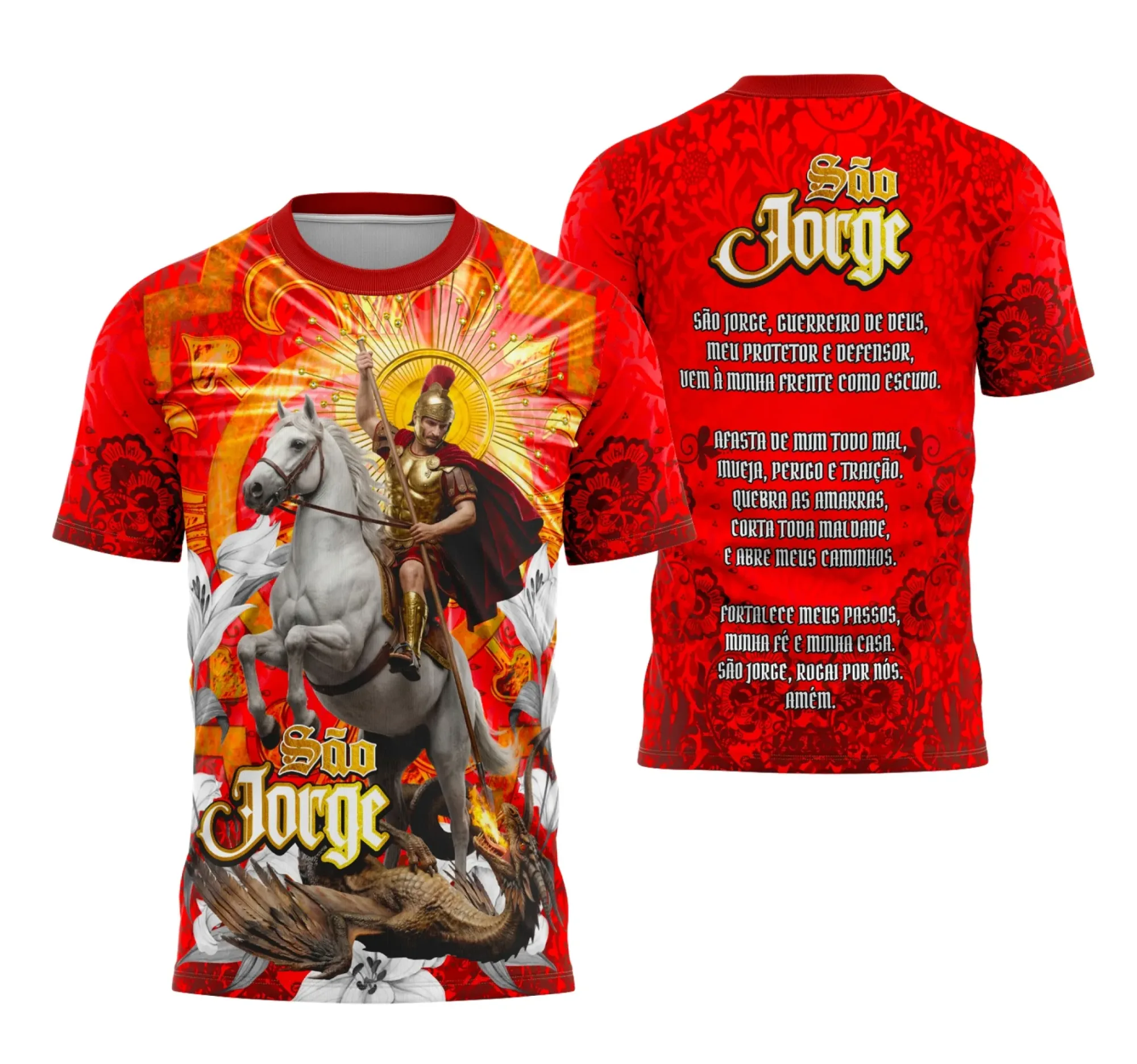 Camisa preta unissex com logo no peito e estampa grande nas costas com tema São Jorge com Fé e Proteção, ideal para quem busca simbolismo e estilo.