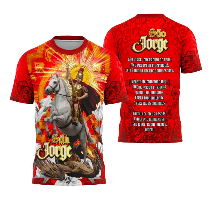 Camisa preta unissex com logo no peito e estampa grande nas costas com tema São Jorge com Fé e Proteção, ideal para quem busca simbolismo e estilo.