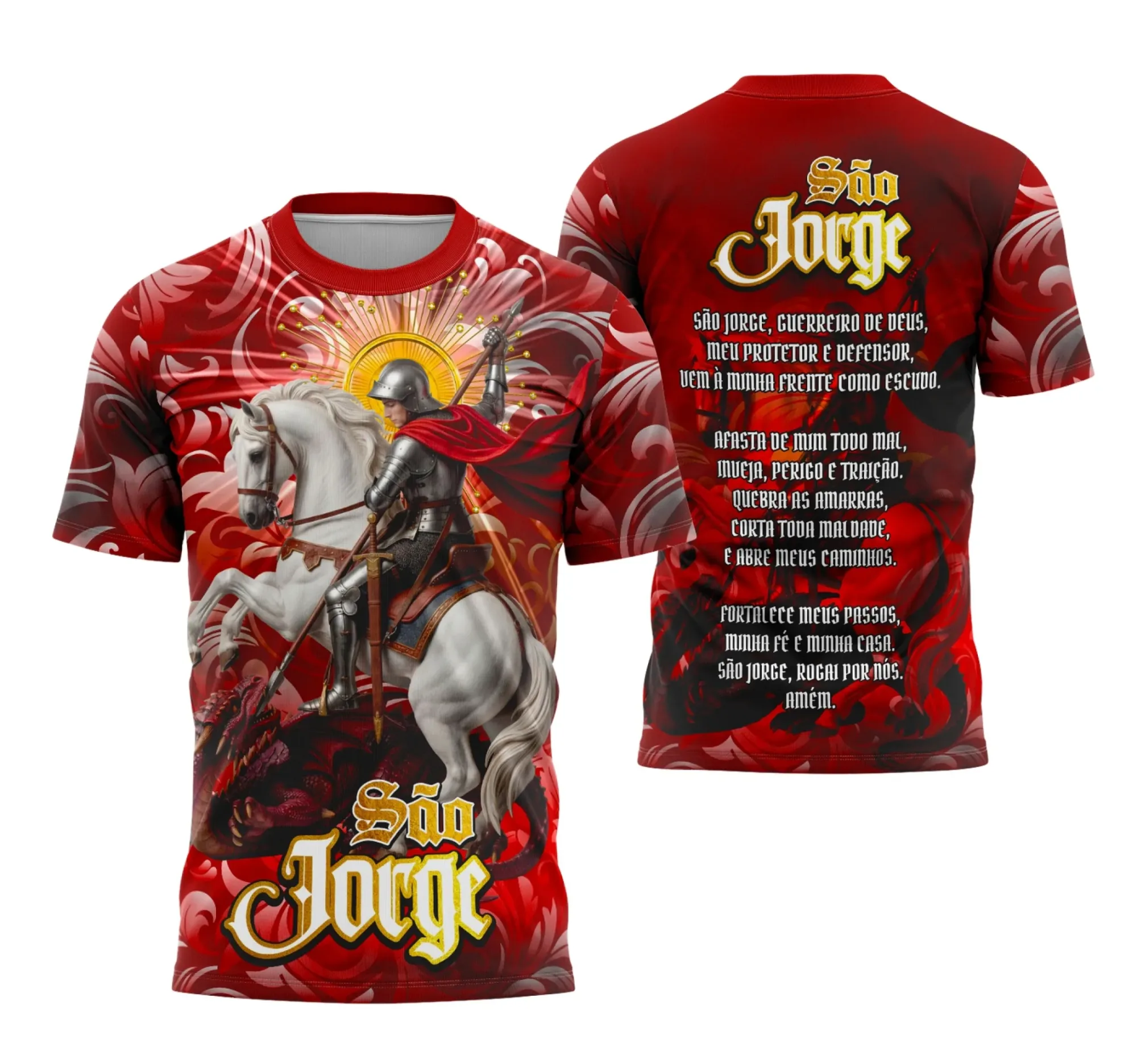 Camiseta unissex preta com logo no peito e estampa grande nas costas mostrando São Jorge, símbolo de fé e proteção, ideal para quem busca estilo e significado.