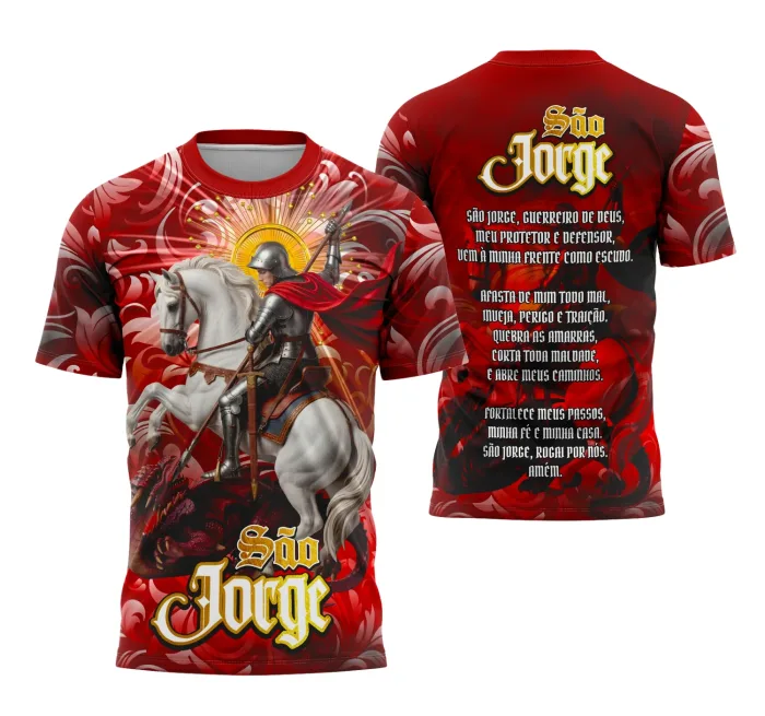 Camiseta unissex preta com logo no peito e estampa grande nas costas mostrando São Jorge, símbolo de fé e proteção, ideal para quem busca estilo e significado.