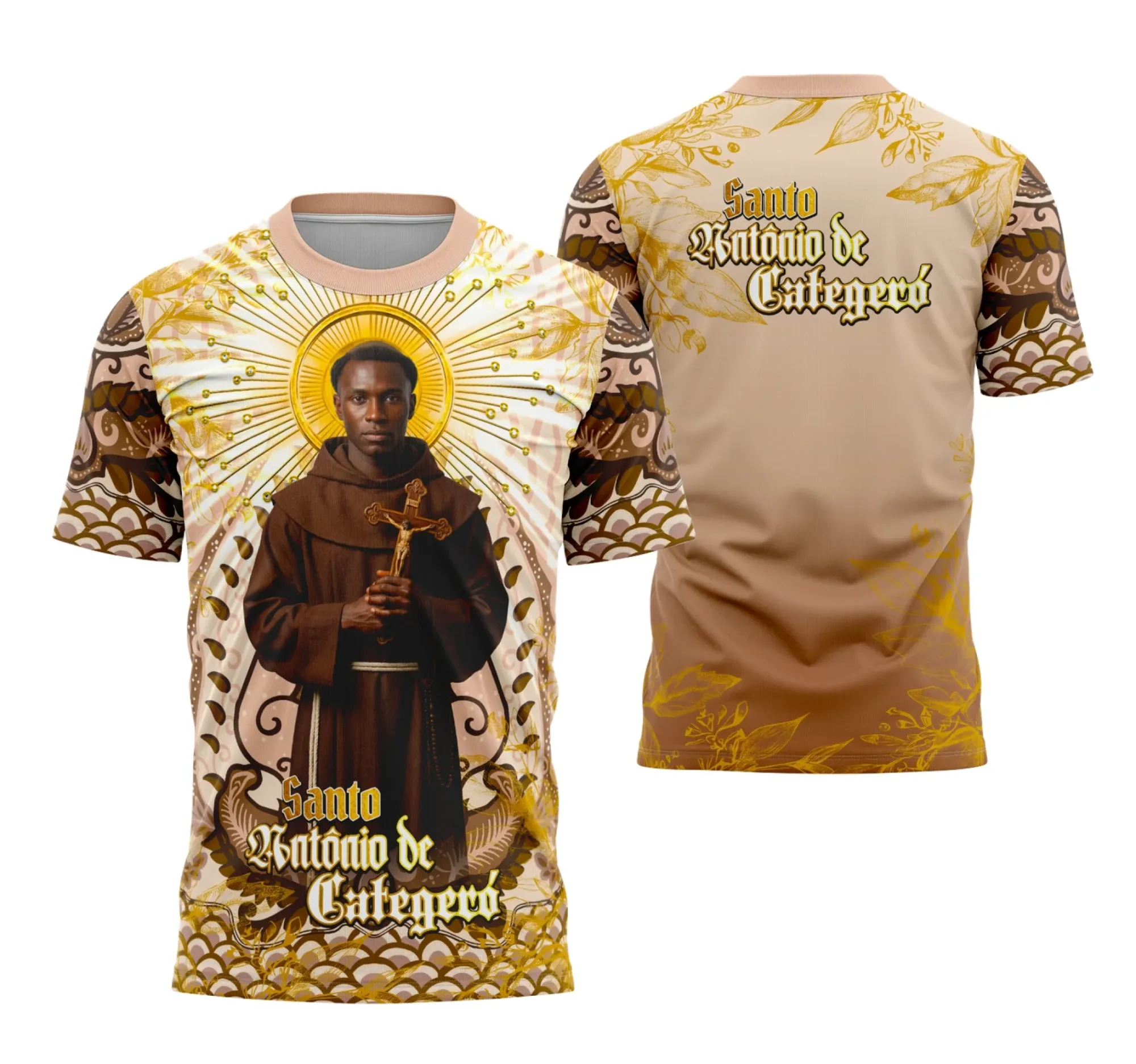 Camiseta unissex branca com logo no peito e estampa grande nas costas com tema Santo Antônio de Categério Religiosa, perfeita para quem busca estilo e fé em uma camiseta confortável.
