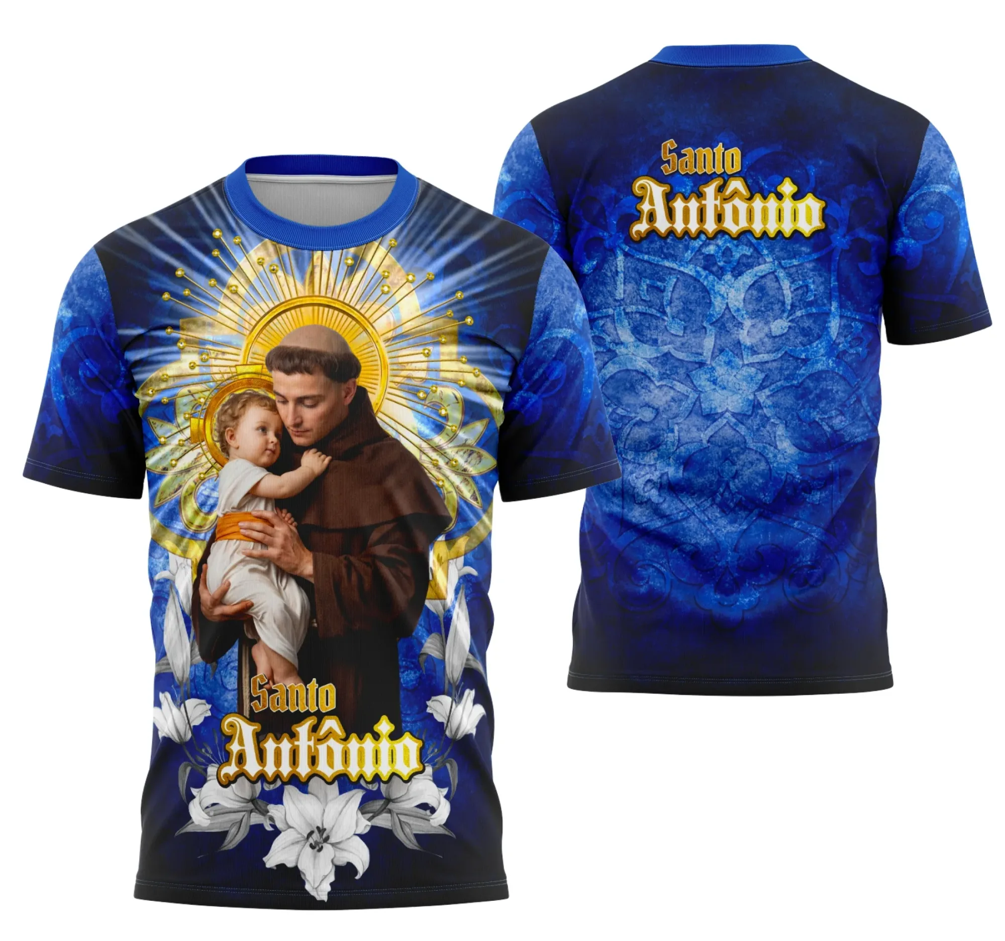 Camiseta unissex preta com logo no peito e estampa grande nas costas destacando Devoto Santo Antônio com design religioso moderno, perfeita para expressar fé e estilo.