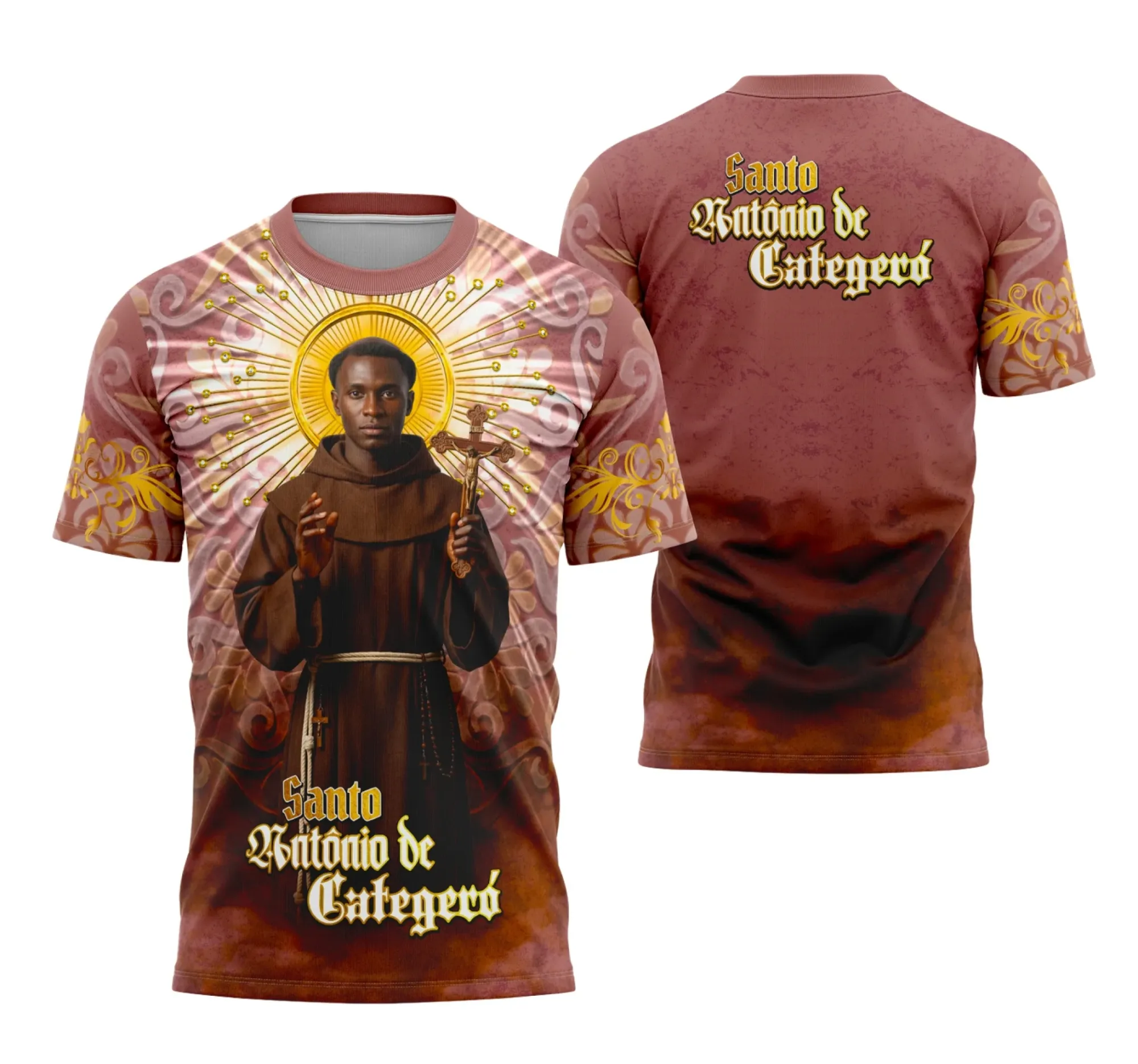 Camiseta unissex preta com logo no peito e estampa grande nas costas, tema Santo Antônio Categeró Espírito de Fé, ideal para quem valoriza fé e estilo confortável.