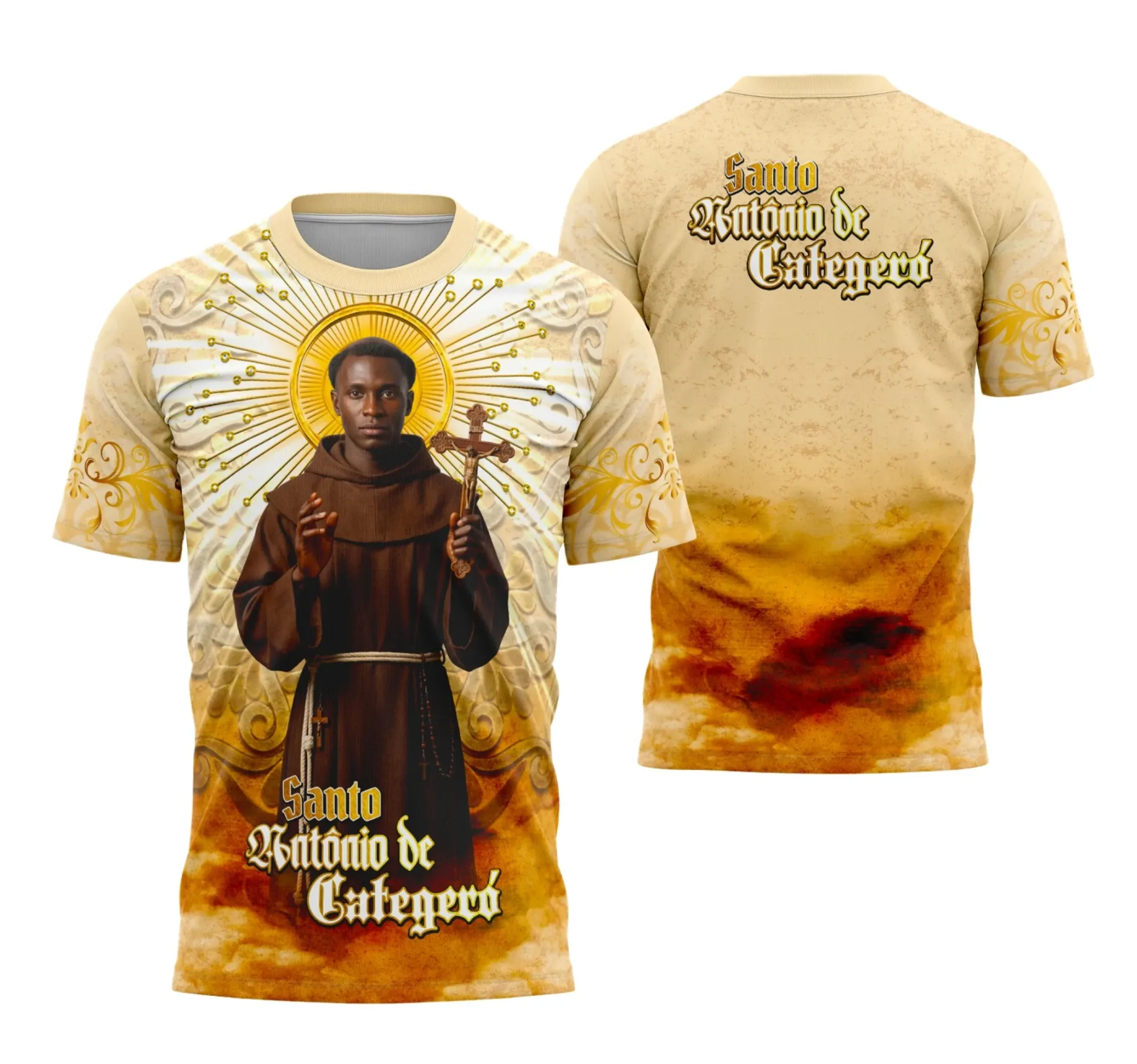 Camiseta unissex preta com logo no peito e estampa grande nas costas apresentando Santo Antônio Celebrando a Fé, design religioso marcante e elegante.