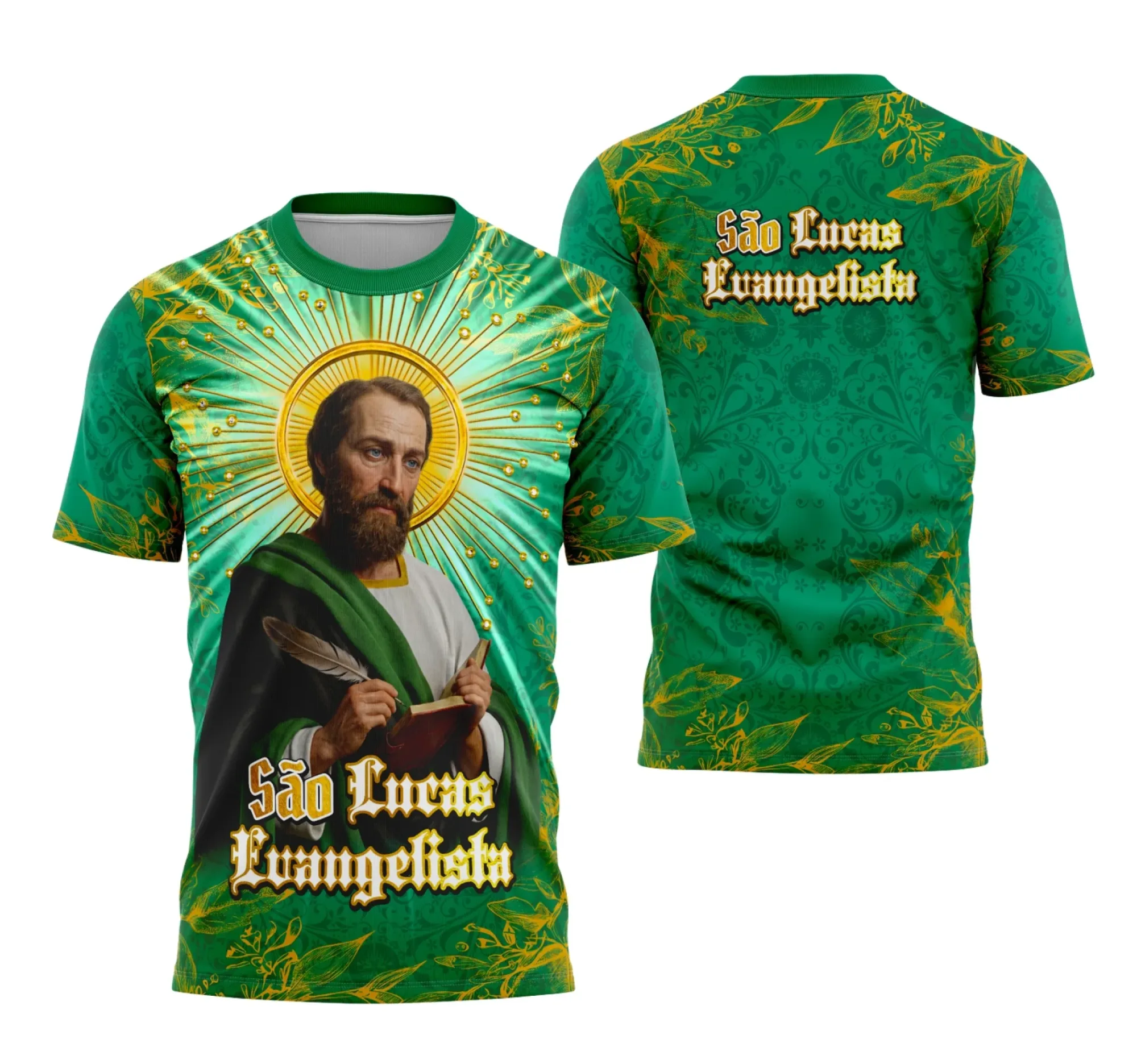 Camiseta unissex preta com logo no peito e estampa grande nas costas com o tema São Lucas Evangelista para Camisa Religiosa, ideal para quem busca estilo e fé em uma peça única.