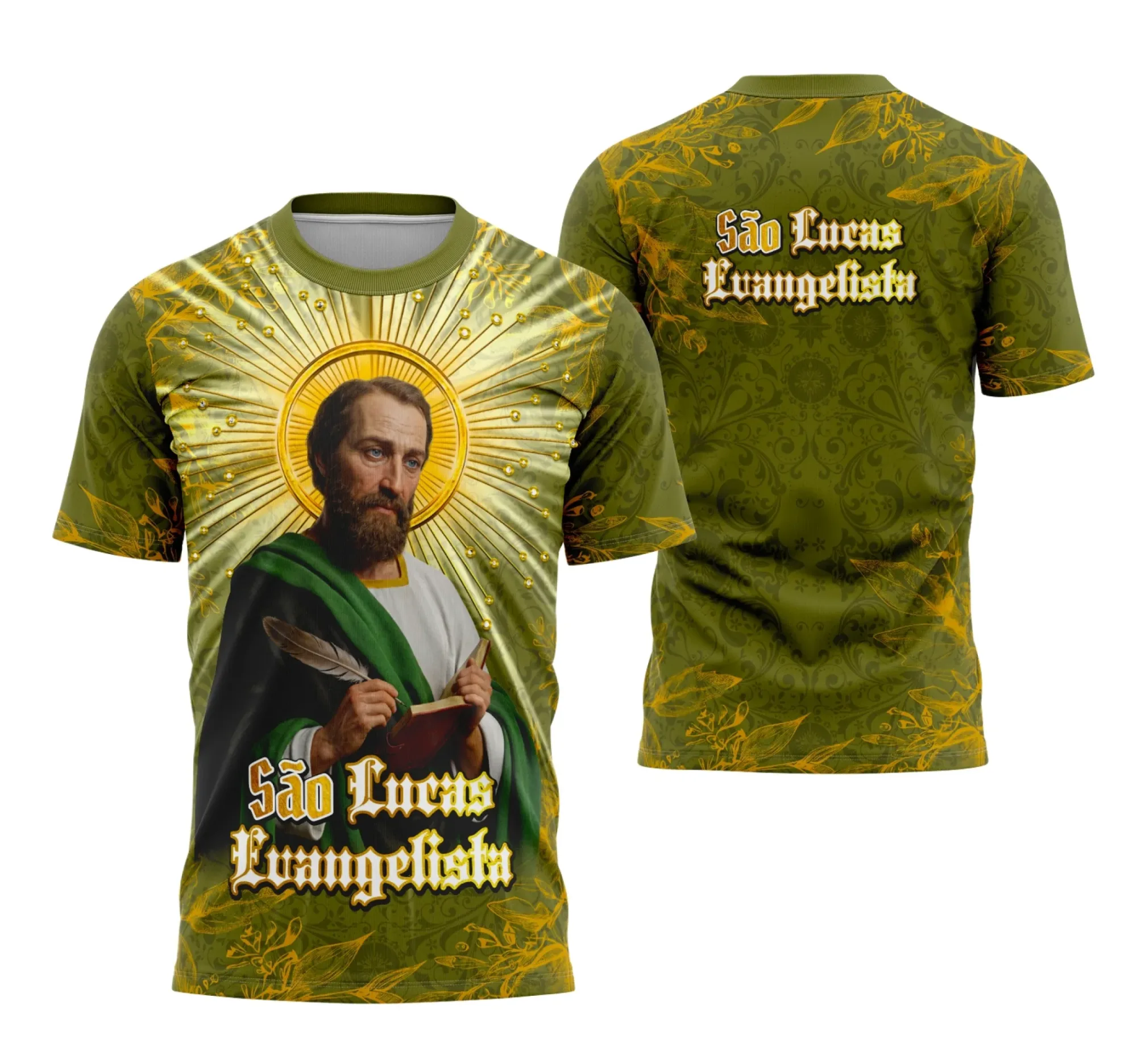 Camiseta unissex preta com logo no peito e estampa grande nas costas com tema São Lucas Evangelista, design impactante e detalhes que destacam a fé.