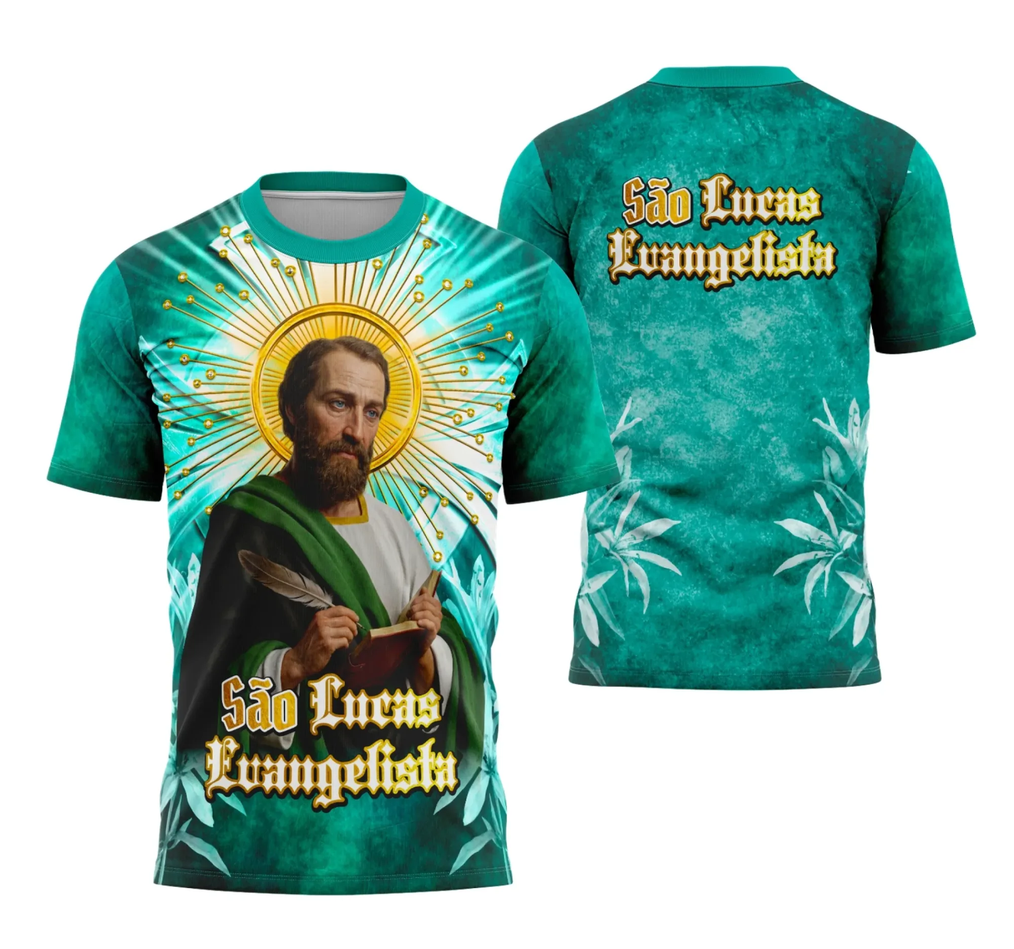 Camiseta unissex preta com logo no peito e estampa grande nas costas, tema São Lucas inspirado na religião, ideal para quem busca estilo com mensagem espiritual.