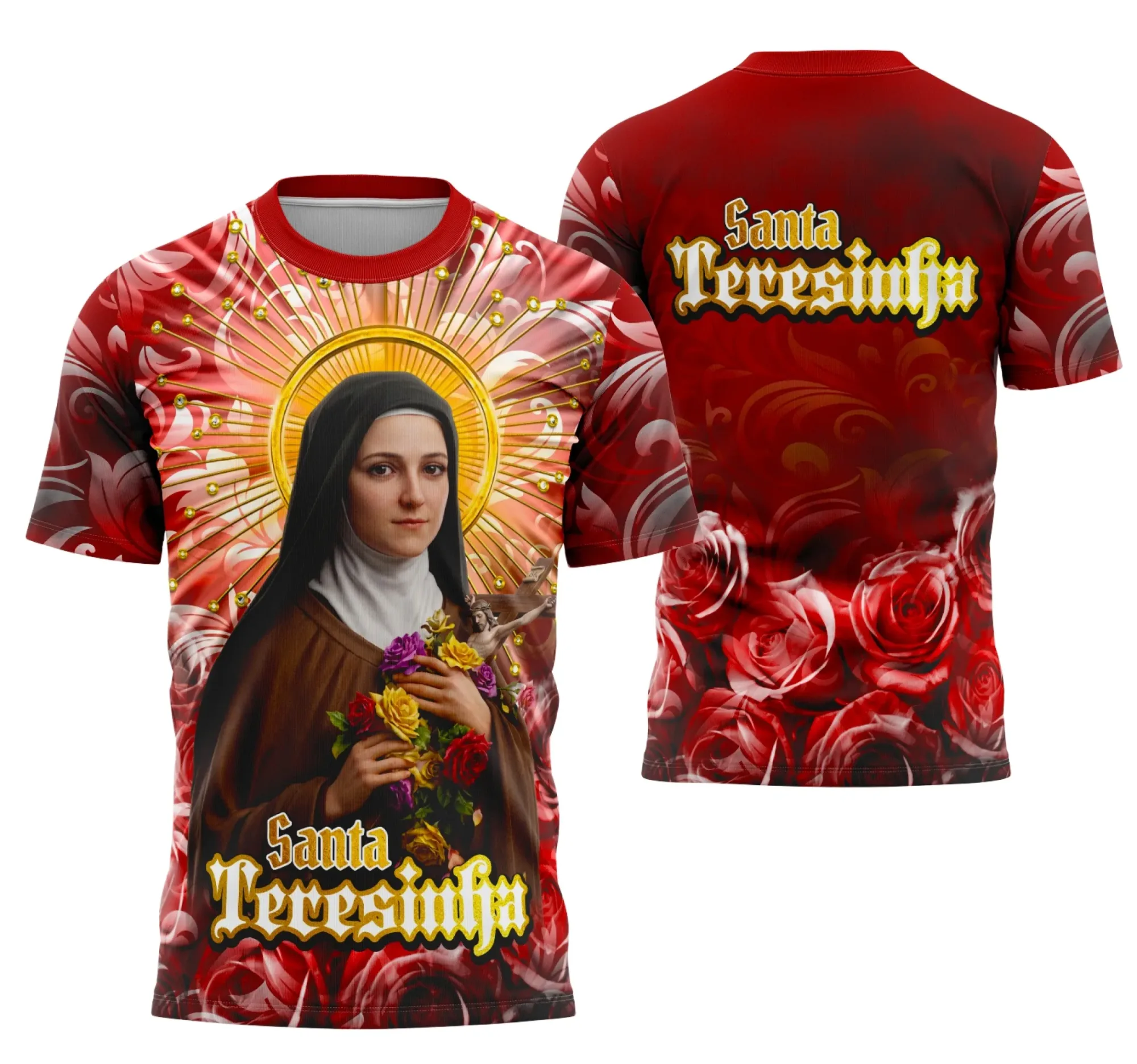 Camiseta branca unissex com logo no peito e estampa grande nas costas mostrando Santa Teresinha em estilo religioso, perfeita para quem busca fé e estilo em peça confortável.