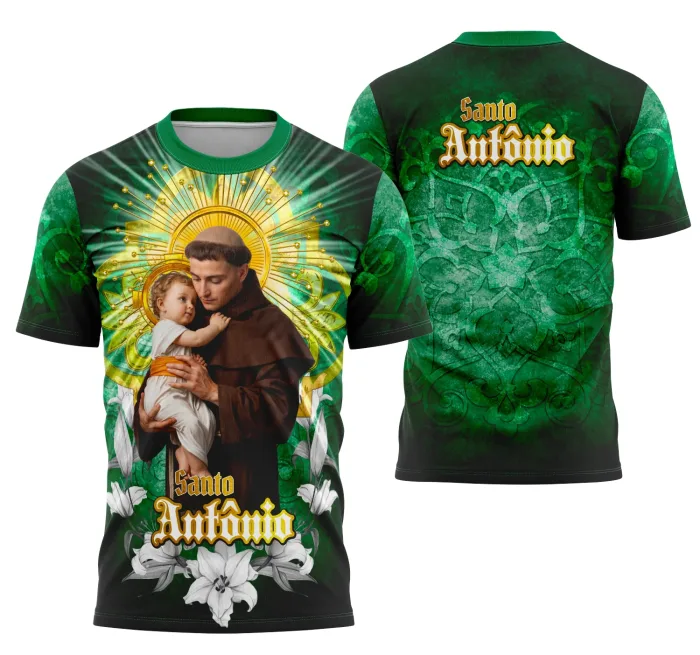 Camiseta preta unissex com logo no peito e estampa grande nas costas, tema Devoto Santo Antônio no catolicismo, ideal para mostrar fé e devoção.
