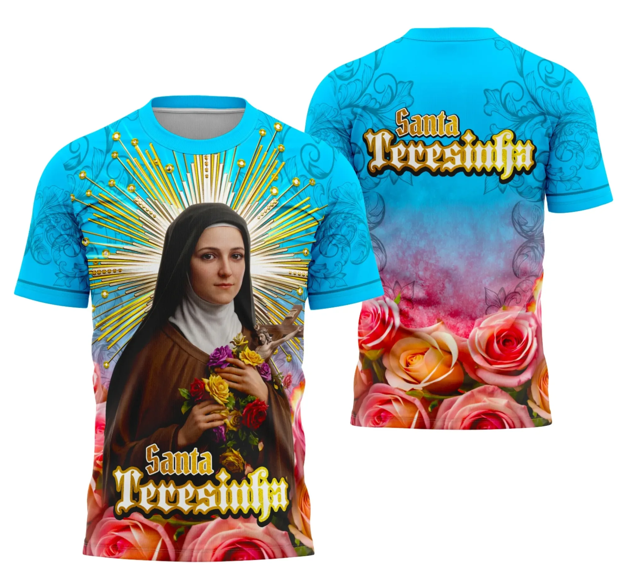 Camiseta unissex preta com logo no peito e estampa grande nas costas retratando Santa Teresinha, perfeita para quem busca estilo religioso e conforto em peça versátil.