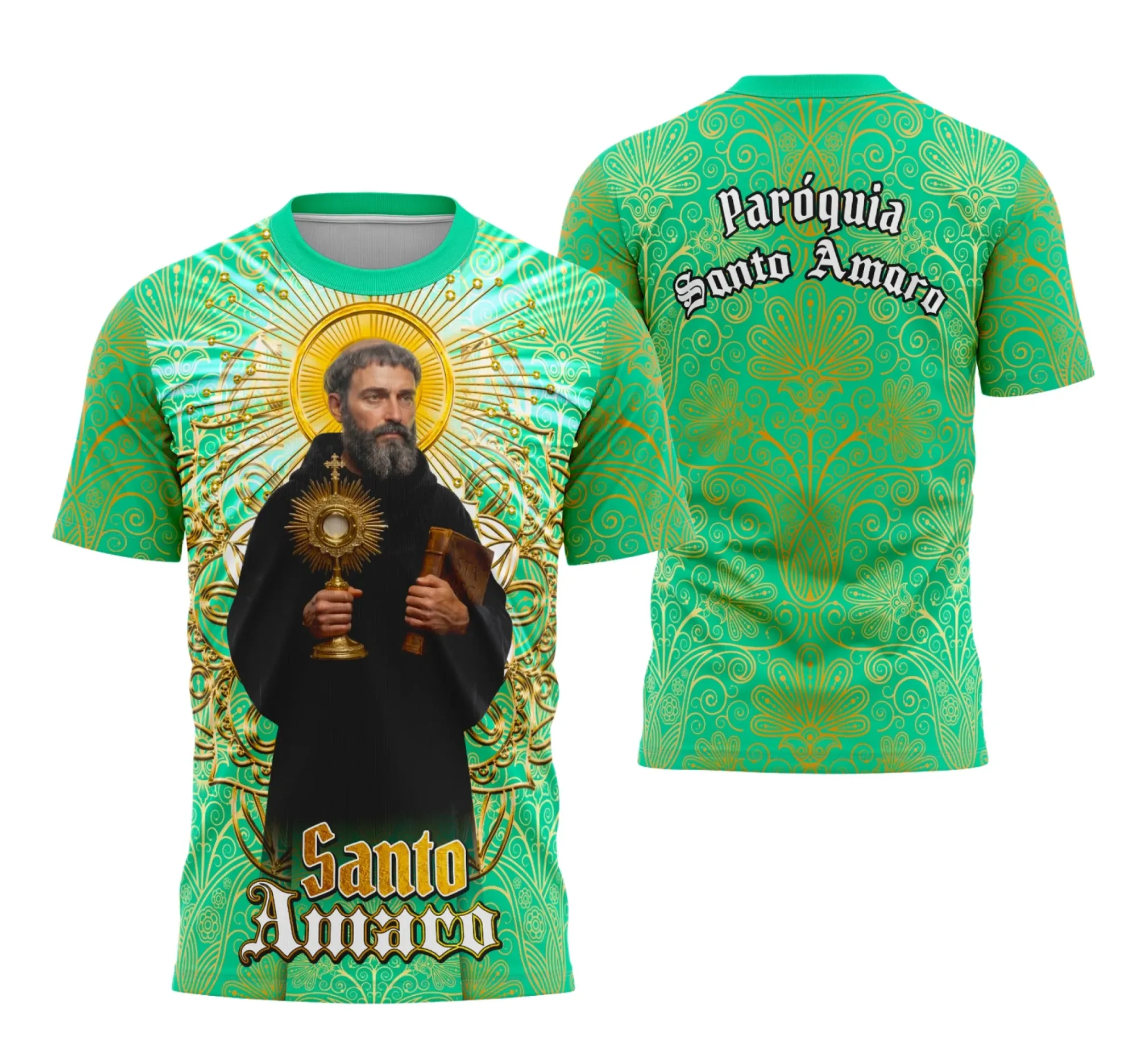 Camiseta unissex branca com logo no peito e estampa grande nas costas de símbolos religiosos relacionados a Santo Amaro, modelo 2, perfeita para quem busca fé e estilo.