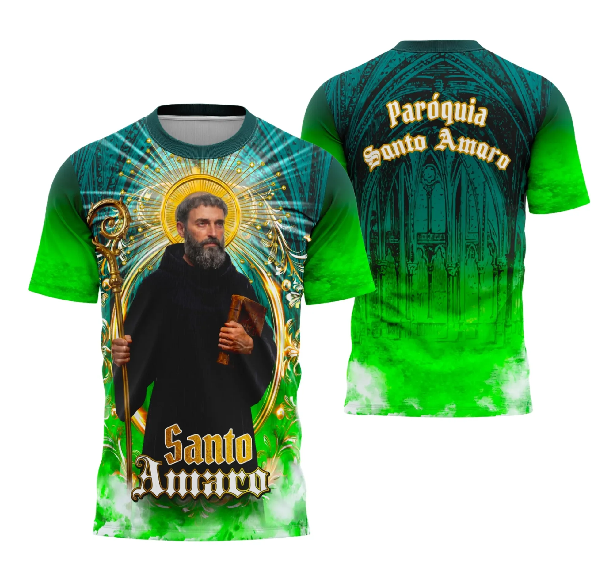 Camiseta unissex preta com logo no peito e estampa grande nas costas mostrando design religioso de Santo Amaro, ideal para quem busca estilo e fé combinados.