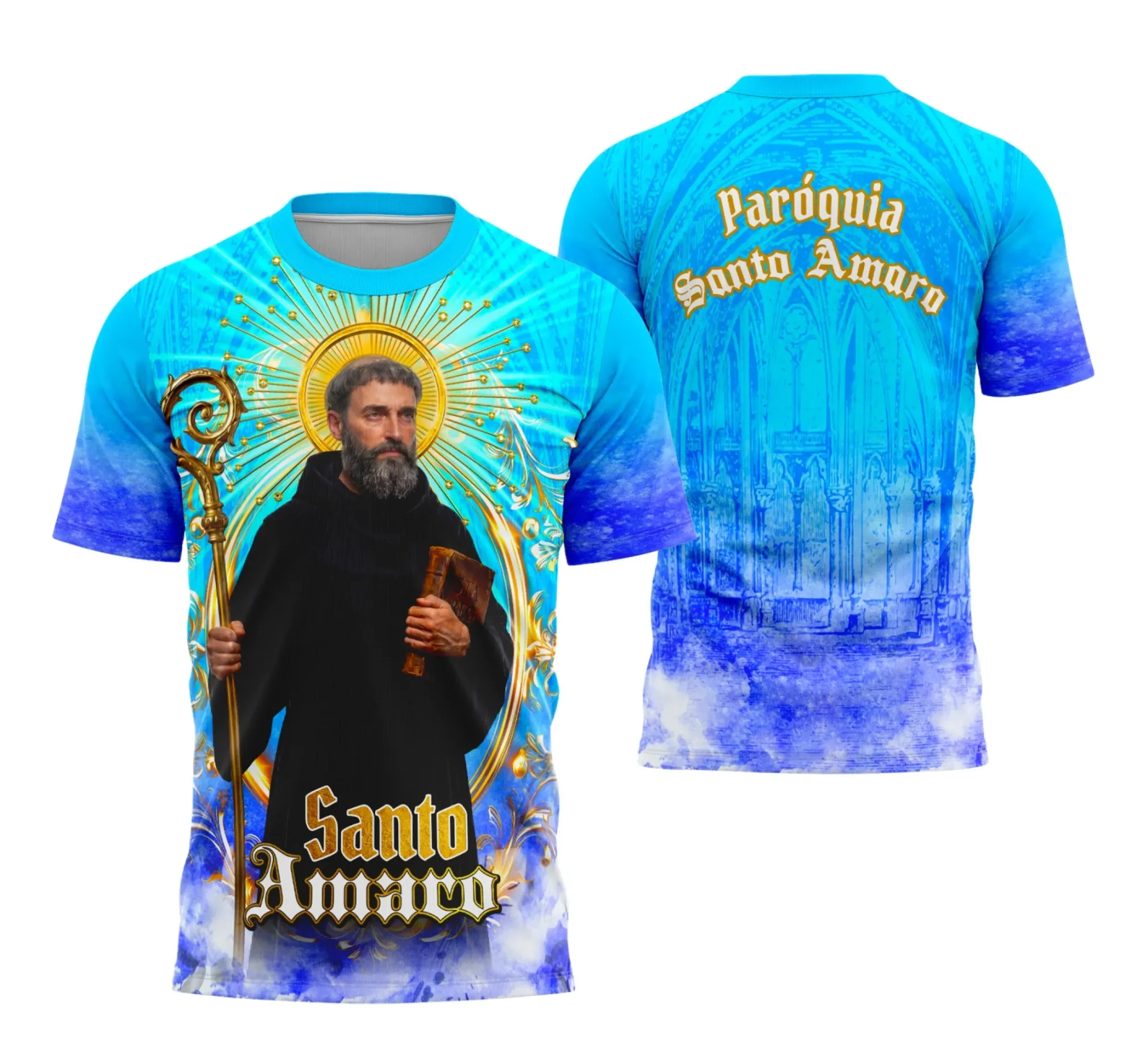 Camiseta unissex preta com logo no peito e estampa grande nas costas, temática Santo Amaro com inspiração religiosa, ideal para look casual e eventos religiosos.