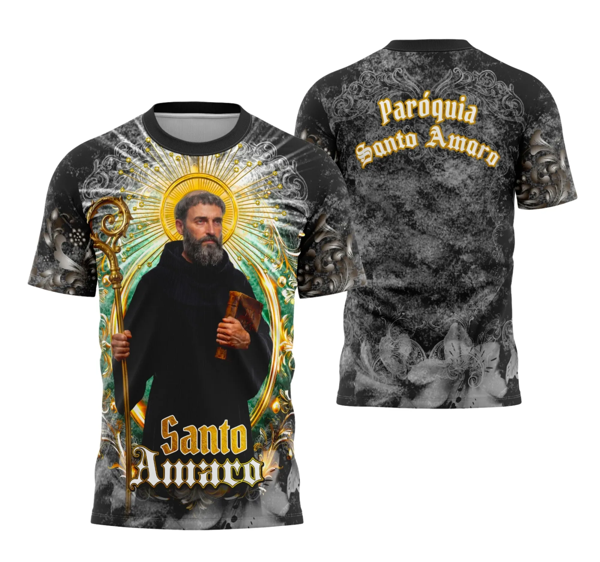 Camiseta unissex preta com logo no peito e estampa grande nas costas, inspiração Santo Amaro com estilo religioso, perfeita para expressar fé com estilo.