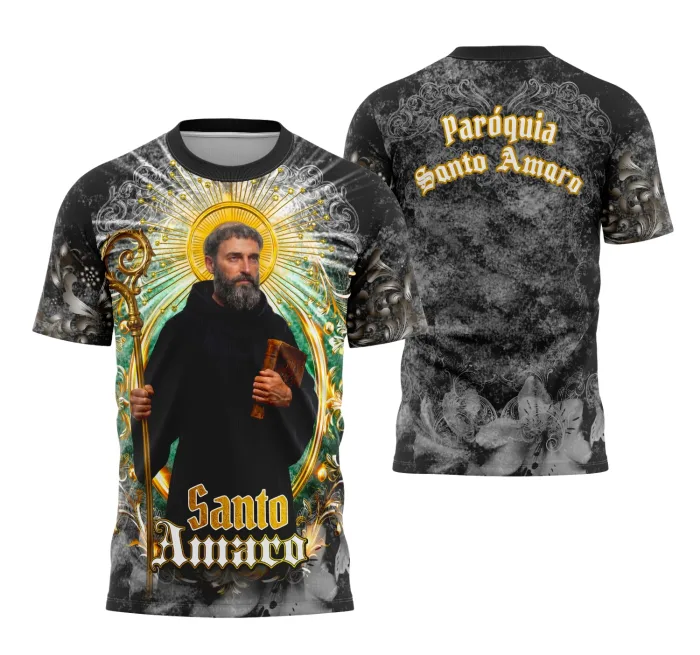 Camiseta unissex preta com logo no peito e estampa grande nas costas, inspiração Santo Amaro com estilo religioso, perfeita para expressar fé com estilo.