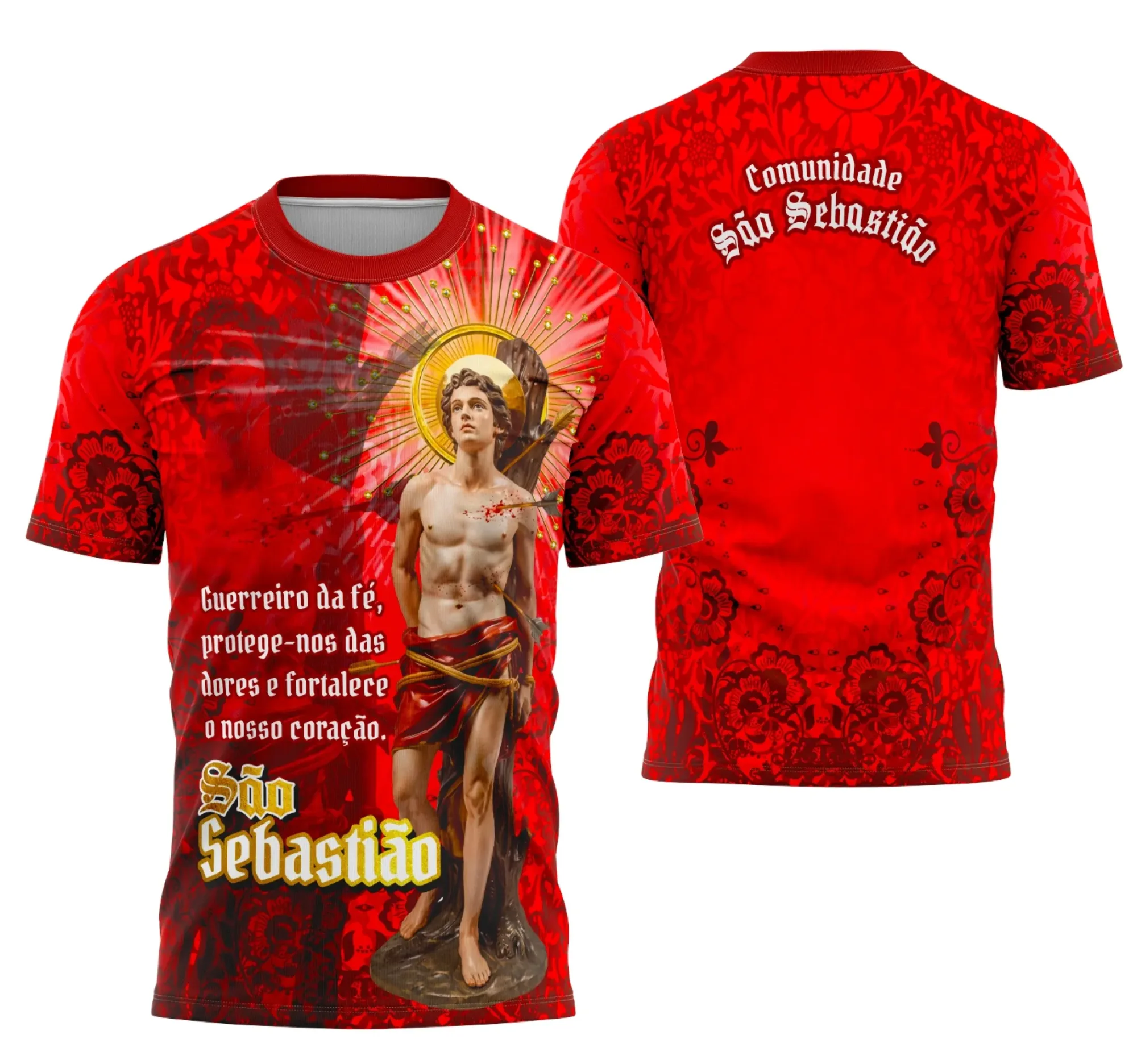 Camiseta unissex preta com logo no peito e estampa grande nas costas com tema de São Sebastião 2026, ideal para fãs de religiosidade e fé, perfeita para ocasiões especiais e dia a dia.