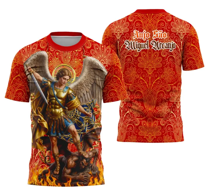 Camiseta preta unissex com logo no peito e estampa grande nas costas do São Miguel Arcanjo Guardião Divino, perfeita para proteger e inspirar, com design impactante e moderno.