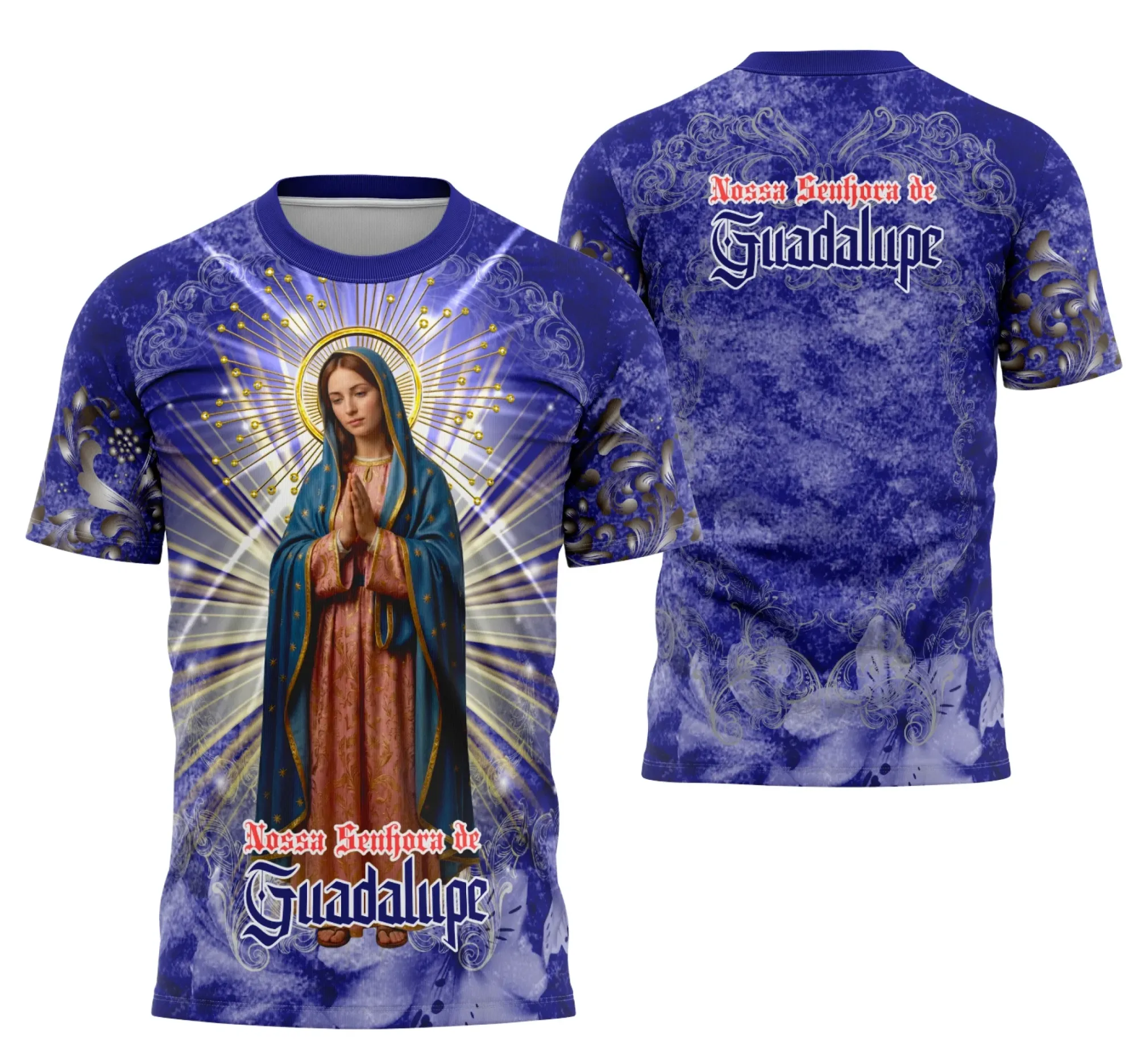 Camiseta unissex preta com logo no peito e estampa grande nas costas mostrando a imagem da Nossa Senhora de Guadalupe, estilo exclusivo e cheio de significado religioso.